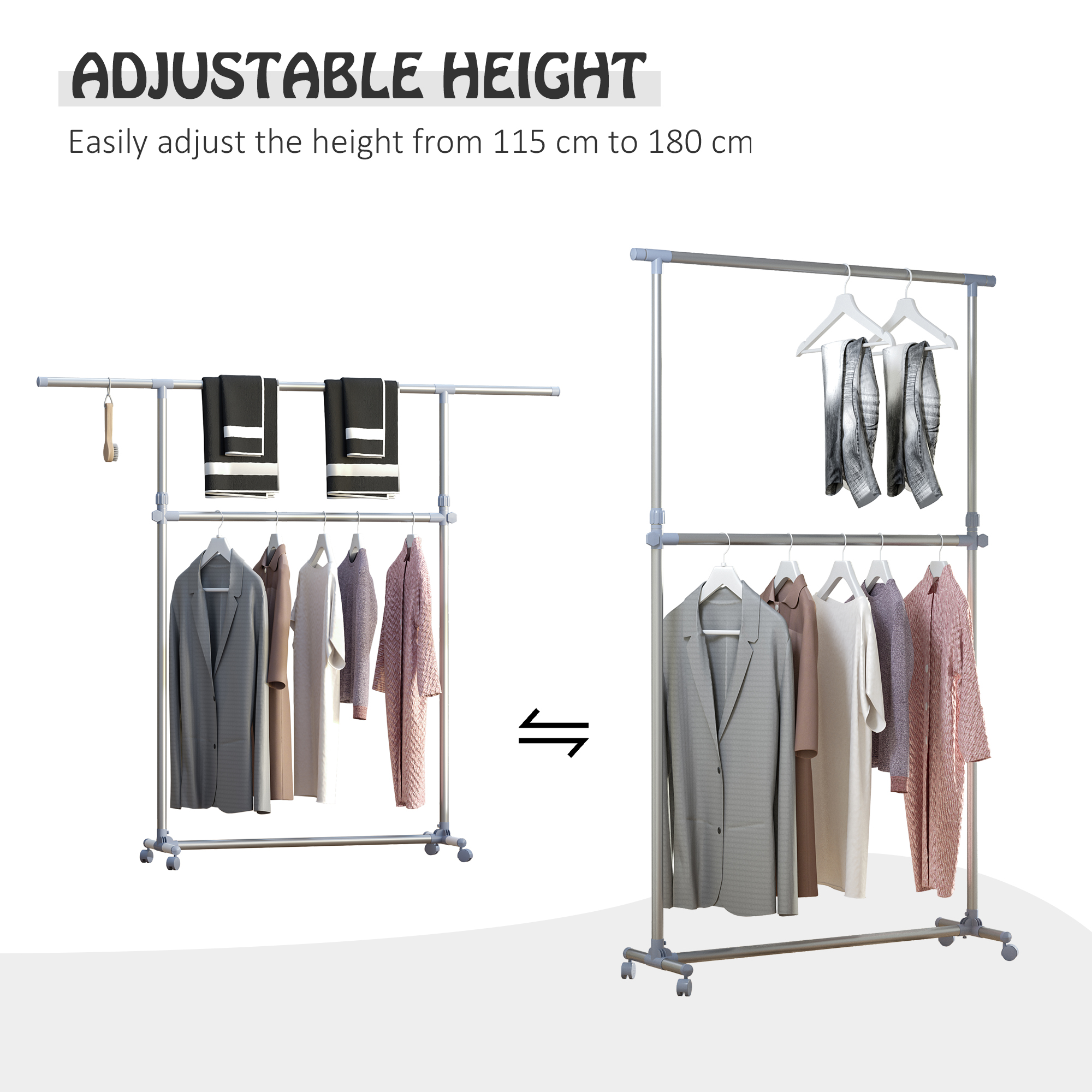HOMCOM Heavy Duty Clothes Hanger Garment Rail Hanging Display Stand Rack w/ Wheels Adjustable 4