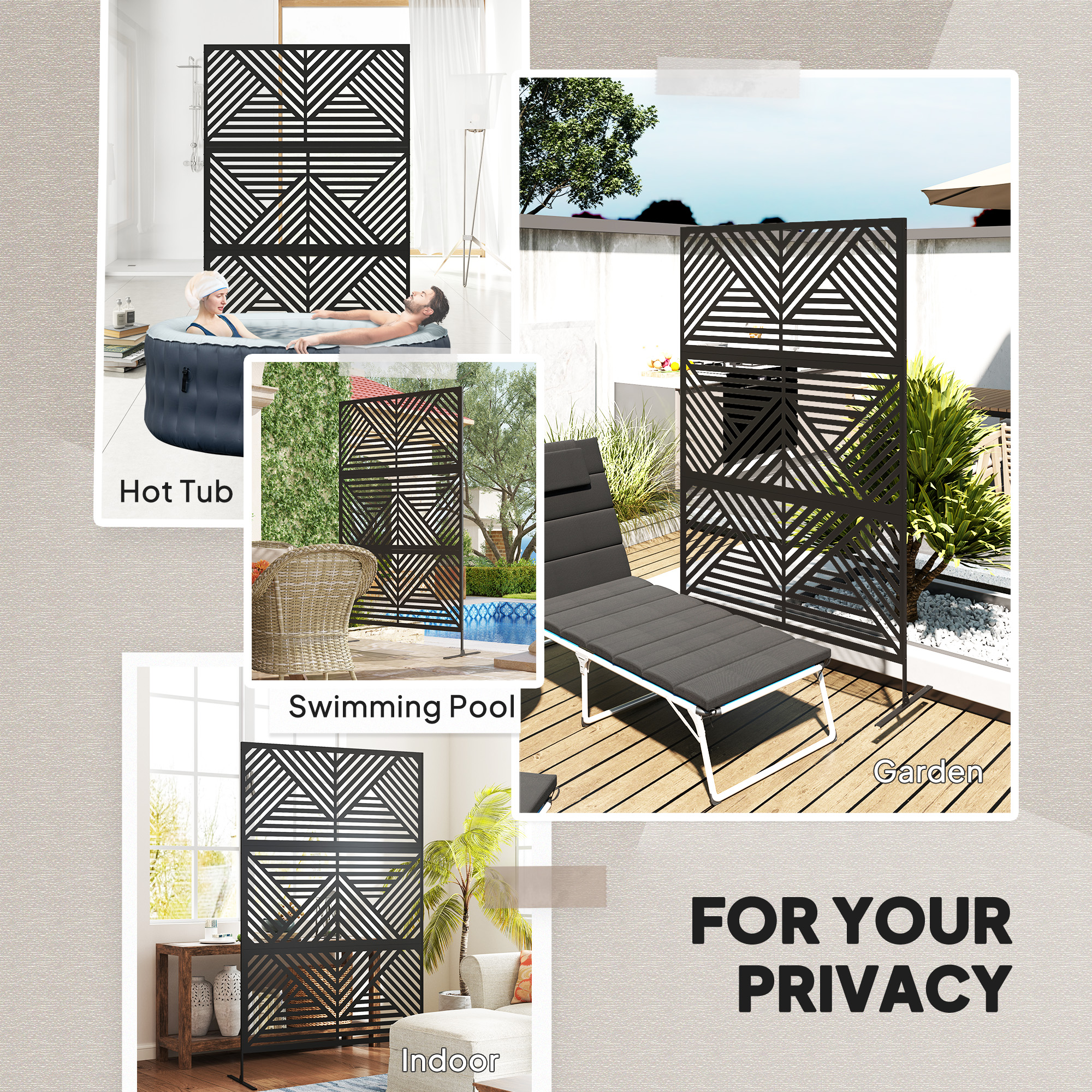 Outsunny Decorative Garden Privacy Screen with Stand, 6.5FT Freestanding Metal Outdoor Divider, Decorative Privacy Panel with Expansion Screws for Garden Pool Hot Tub, Rhombus Style, Black 6