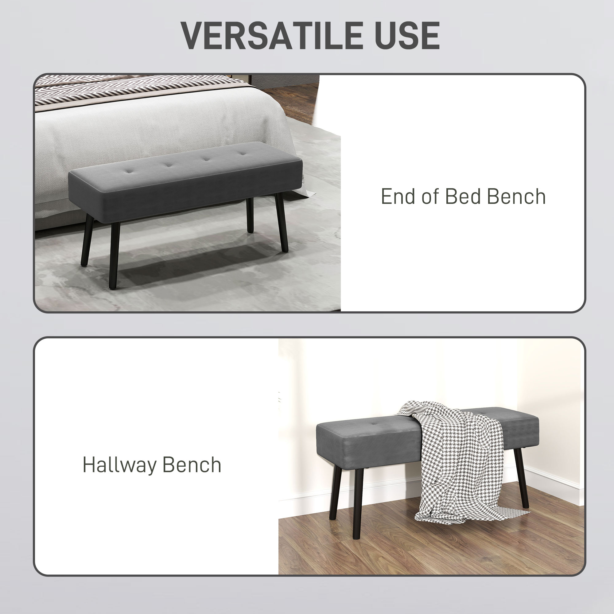 HOMCOM End of Bed Bench, Corduroy Bedroom Bench with Thick Padding and Steel Legs, Tufted Window Seat for Entryway, Living Room, Grey 6