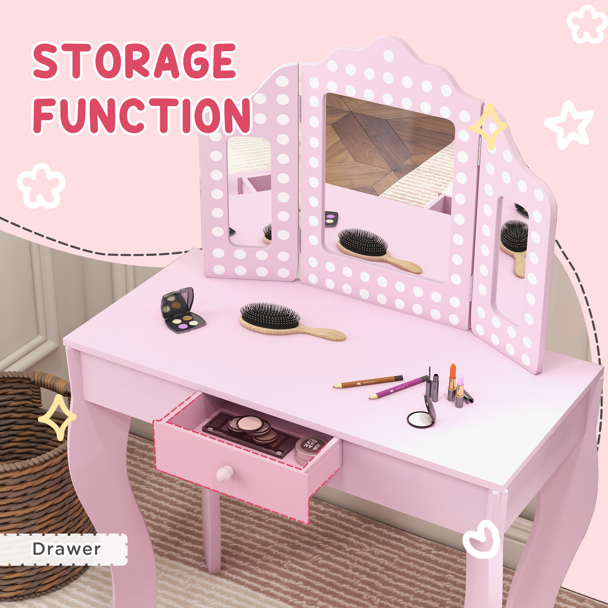 AIYAPLAY Kids Dressing Table Sets with Stool and Tri-Fold Mirror, Drawer for Playroom, Bedroom Pink 6