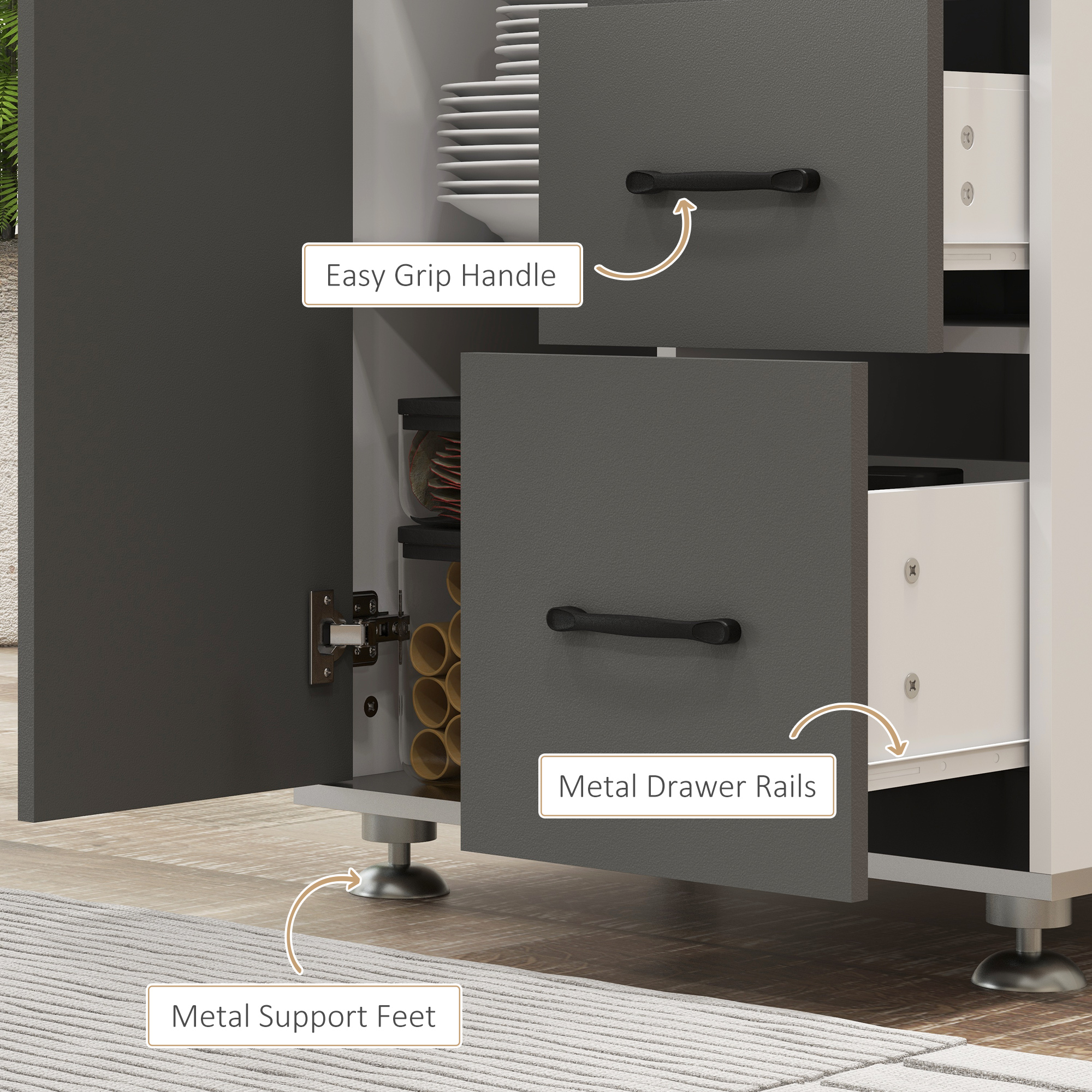 HOMCOM Modern Kitchen Cupboard with Storage Cabinets, 3 Drawers and Open Countertop for Living Room, Grey 5
