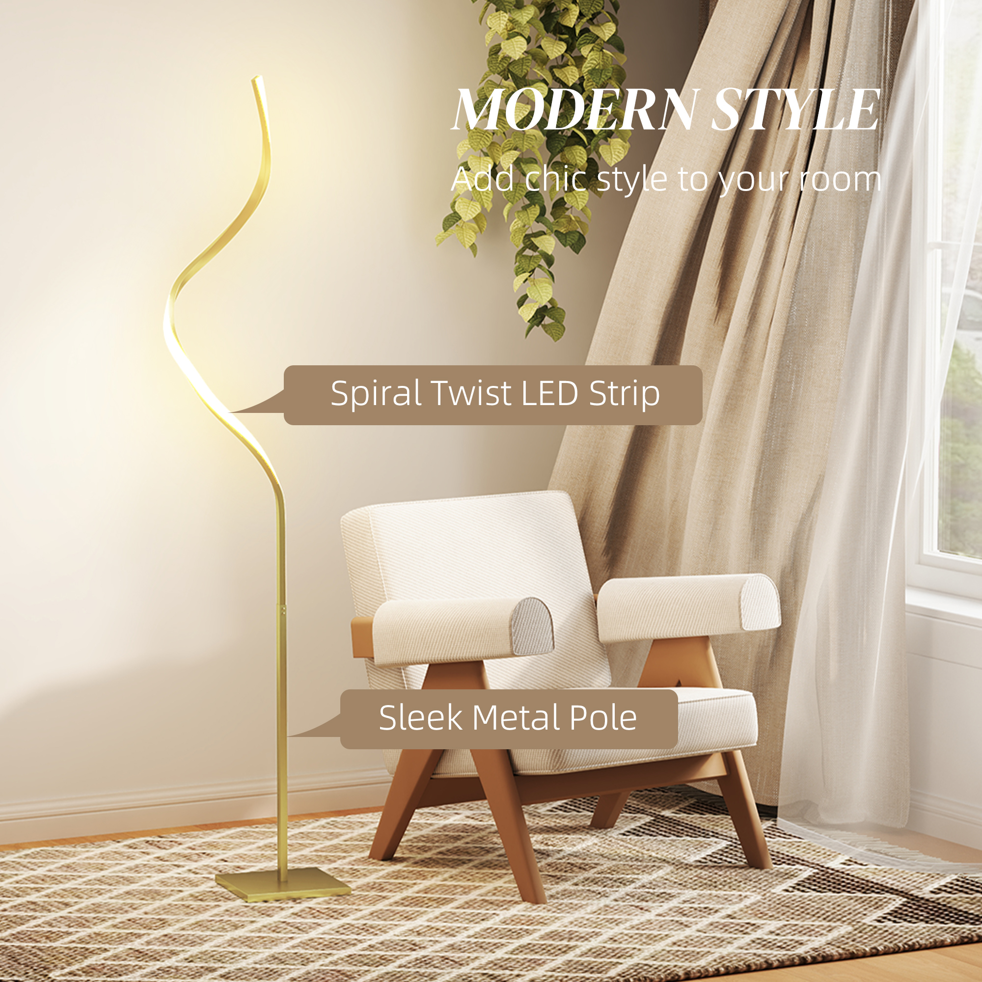 HOMCOM LED Floor Lamp with 3 Adjustable Brightness, Modern Dimmable Standing Lamp with Foot Switch for Bedroom, Living Room, Gold Tone 4