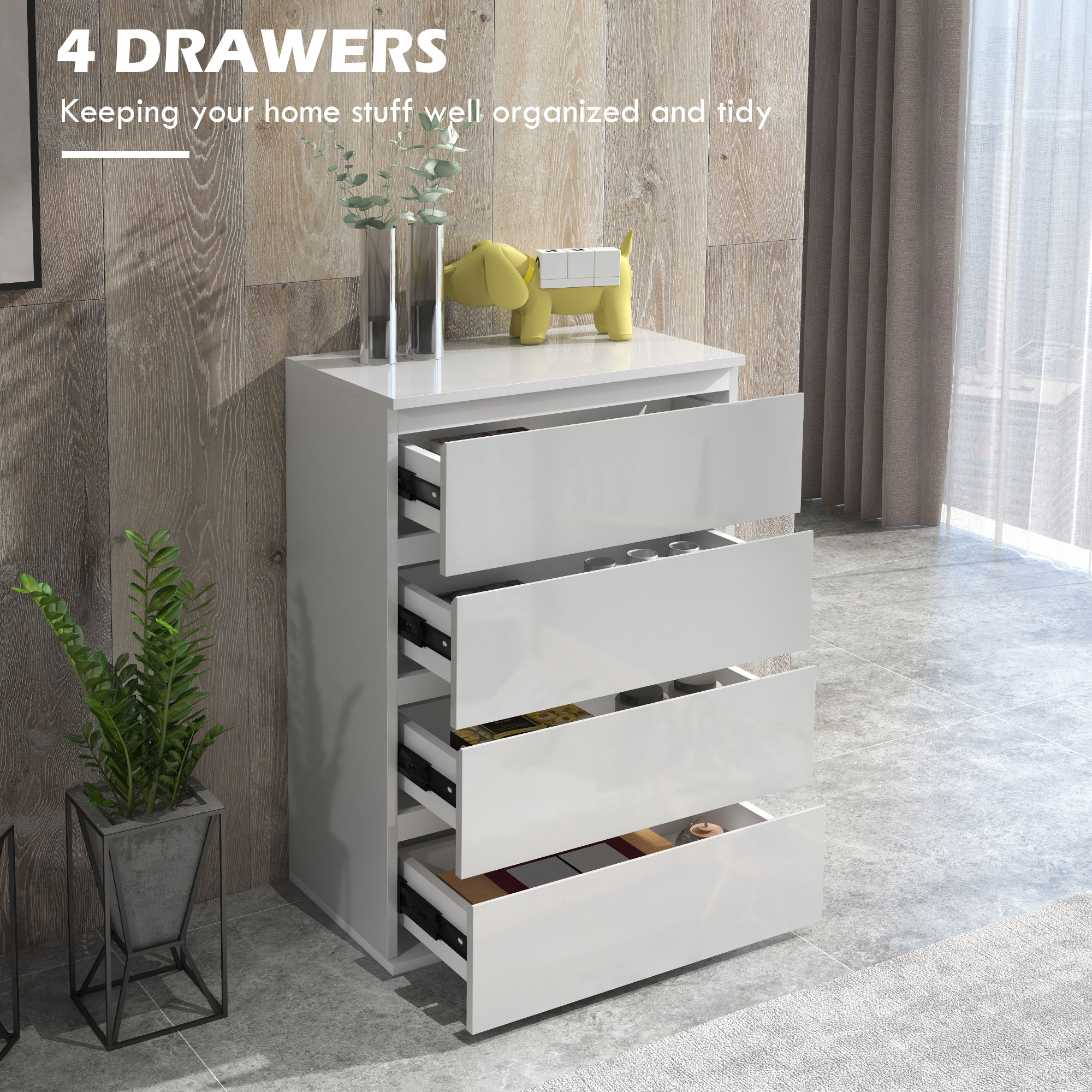 HOMCOM High Gloss Chest of Drawers, 4-Drawer Storage Cabinets, Modern Dresser for Bedroom, White 4