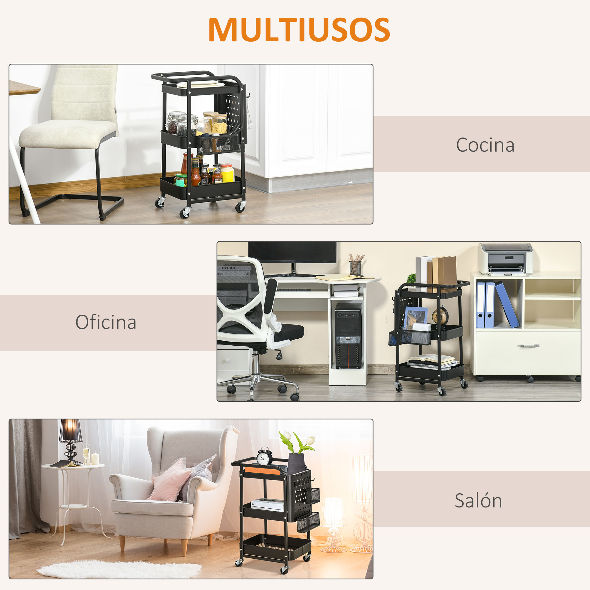 Carrito De Cocina Metálico Con Ruedas – 3 Cajones Y Superficie De Rejilla, Ideal Para Frutas, Verduras Y Organización