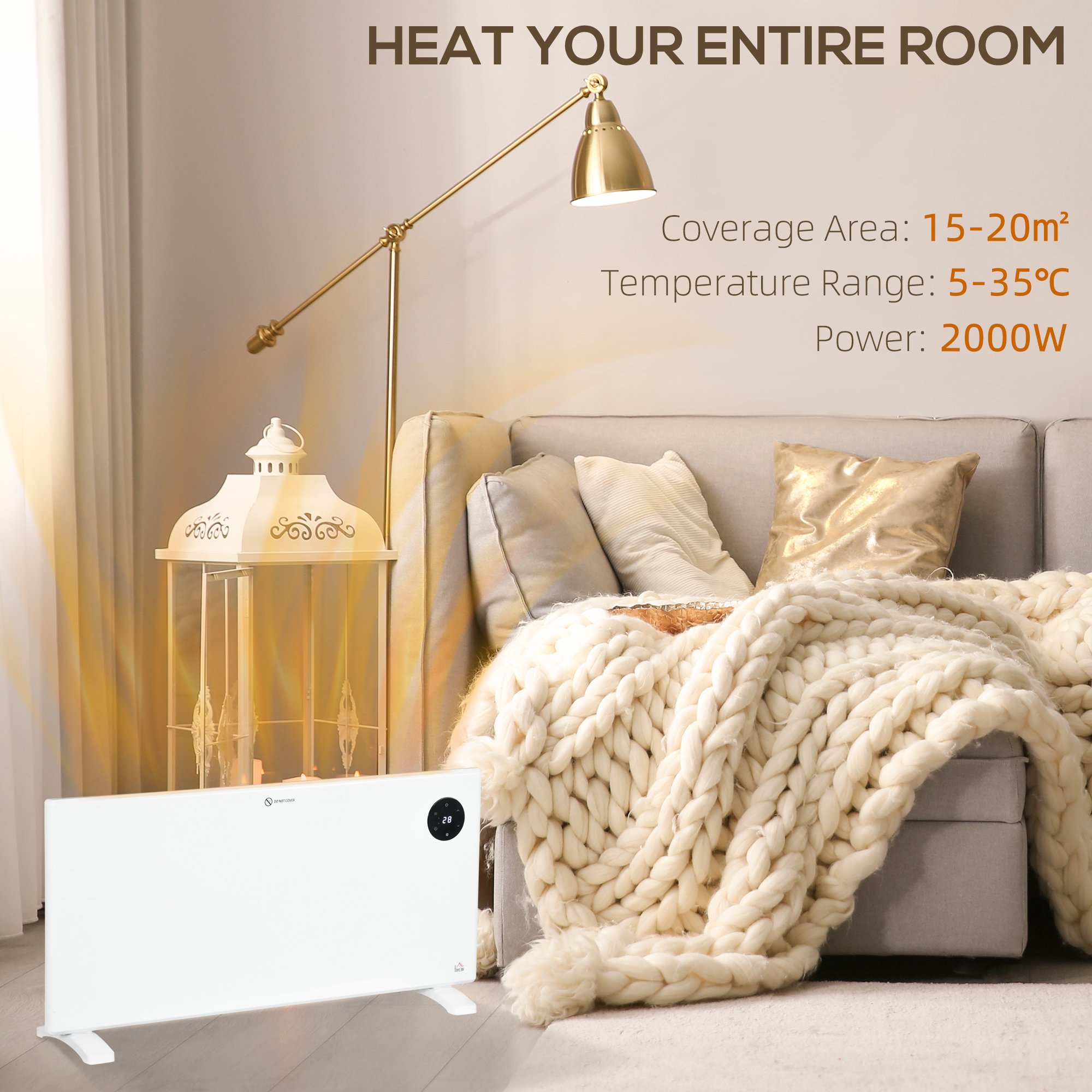 HOMCOM 2000W Electric Convector Heater, Freestanding or Wall Mounted, Space Heater with Adjustable Thermostat, Timer, White 4