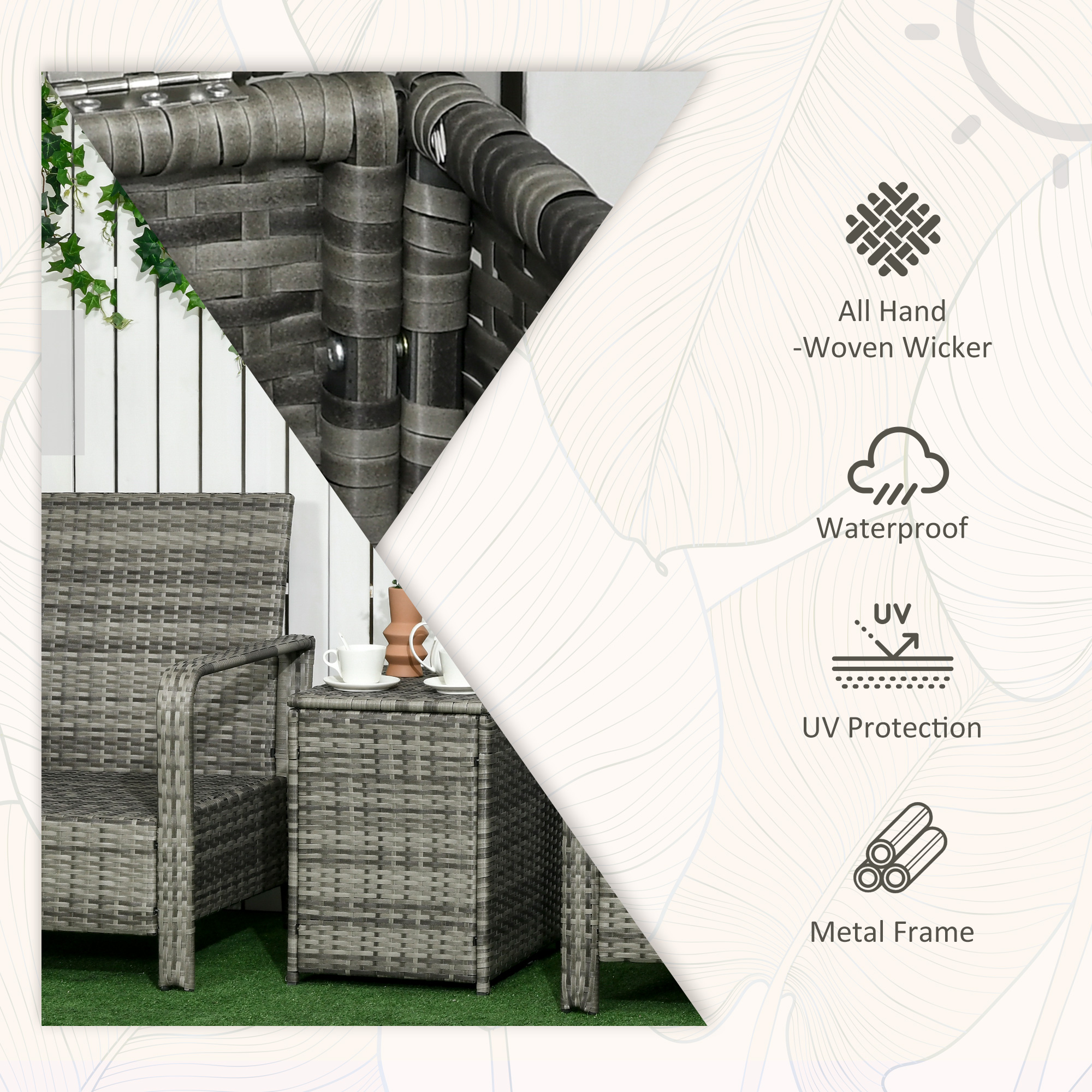 Outsunny 3 Pieces Rattan Bistro Set, Wicker Garden Furniture Set with Storage Coffee Table and Chairs, Thickened Cushions for Outdoor, Patio, Balcony, Blue 4