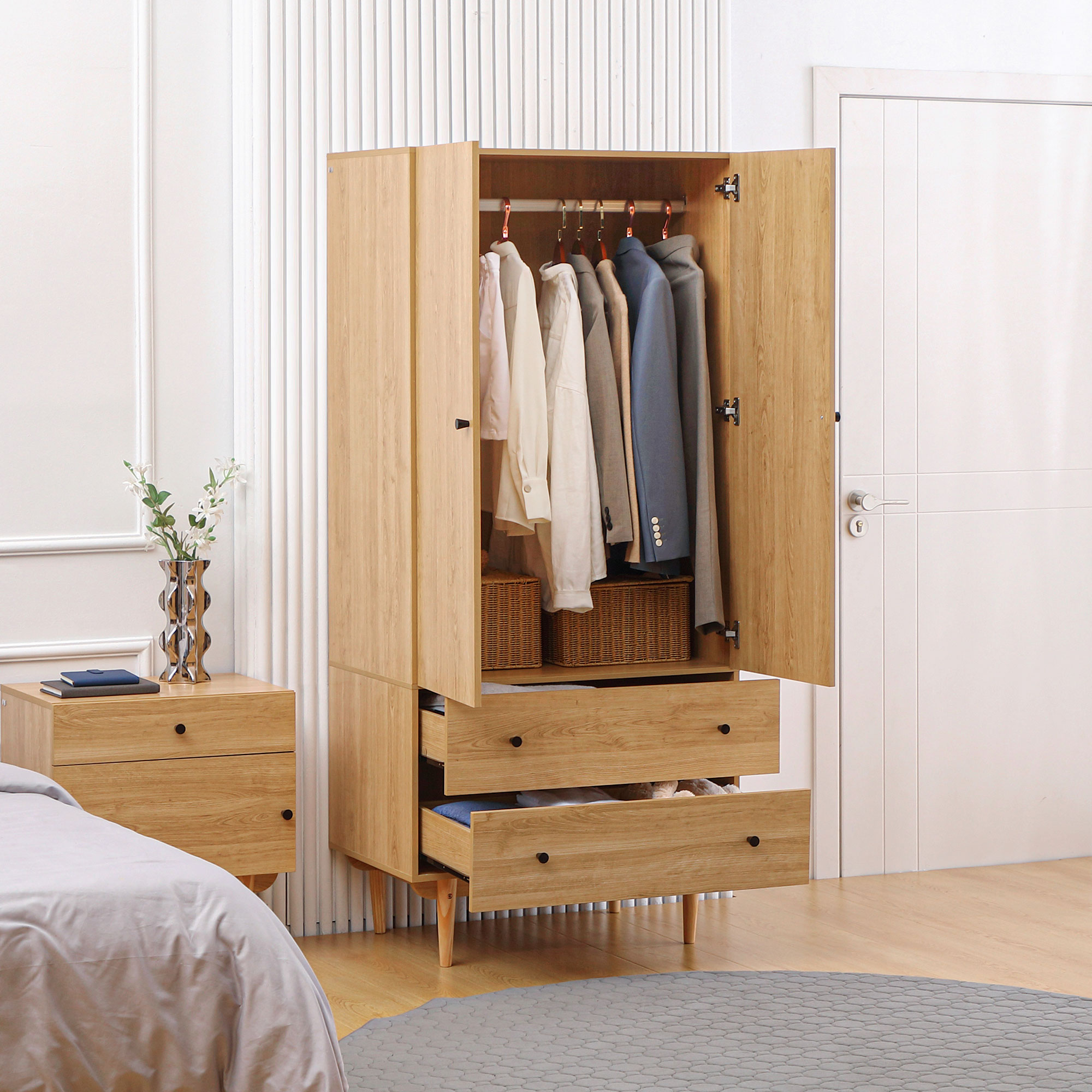 HOMCOM Wardrobe with 2 Doors, 2 Drawers, Hanging Rail for Bedroom Clothes Storage Organiser, 80x52x180cm, Natural Tone 2