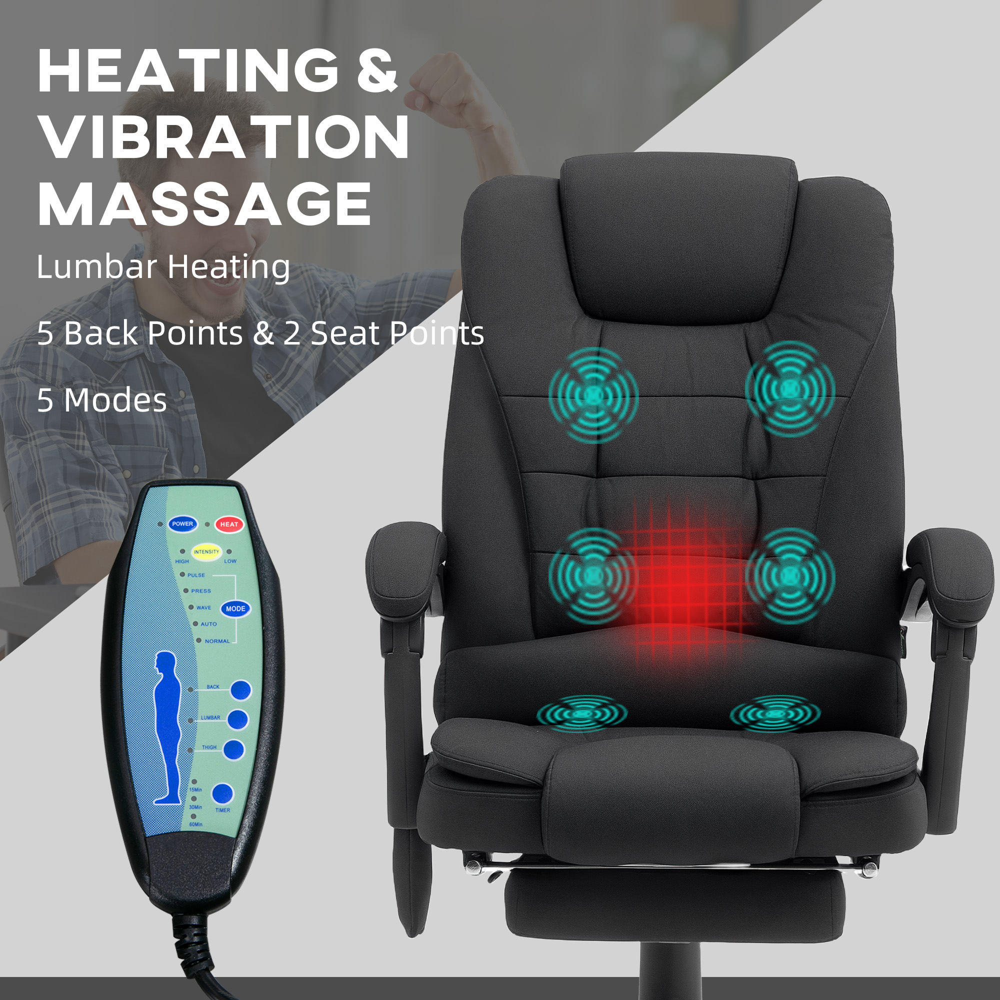 Vinsetto Office Chair with 6 Point Massage and Back Heat, Microfibre Desk Chair with Footrest Adjustable Height and Swivel Wheels, Back Reclining, Full Black 4