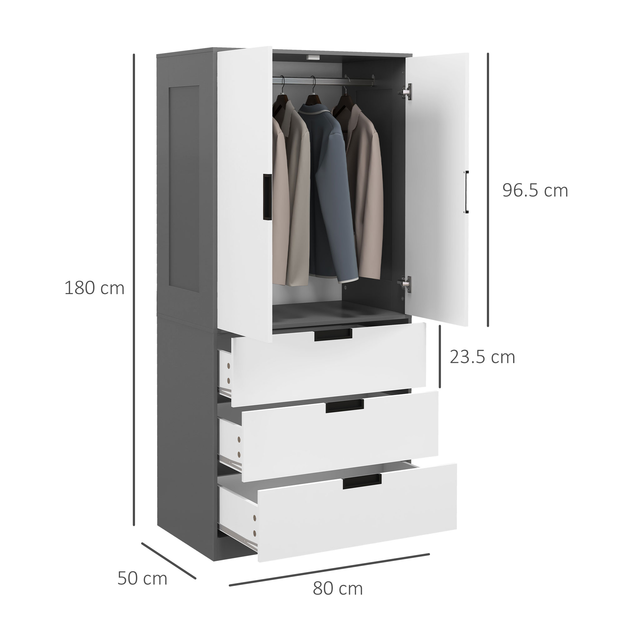 HOMCOM 2 Door Wardrobe, Modern Wardrobe with 3 Drawers and Hanging Rod for Bedroom, Grey 3