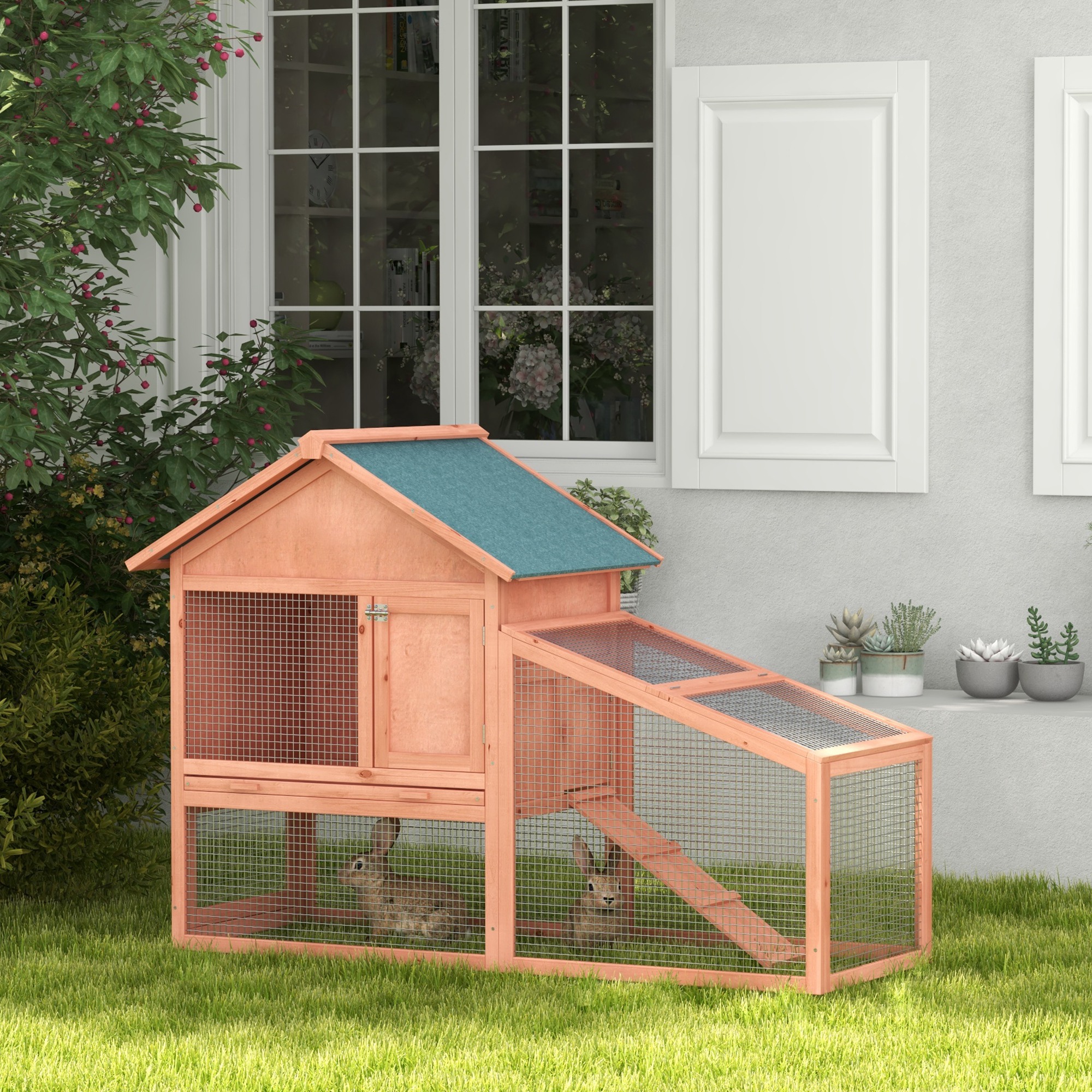 PawHut 2 Tier Rabbit Hutch Outdoor, Guinea Pig Hutch, Solid Wood Bunny House, Water Resistant Asphalt Roof Ramp Sliding tray 144 x 64.5 x 100 cm 2