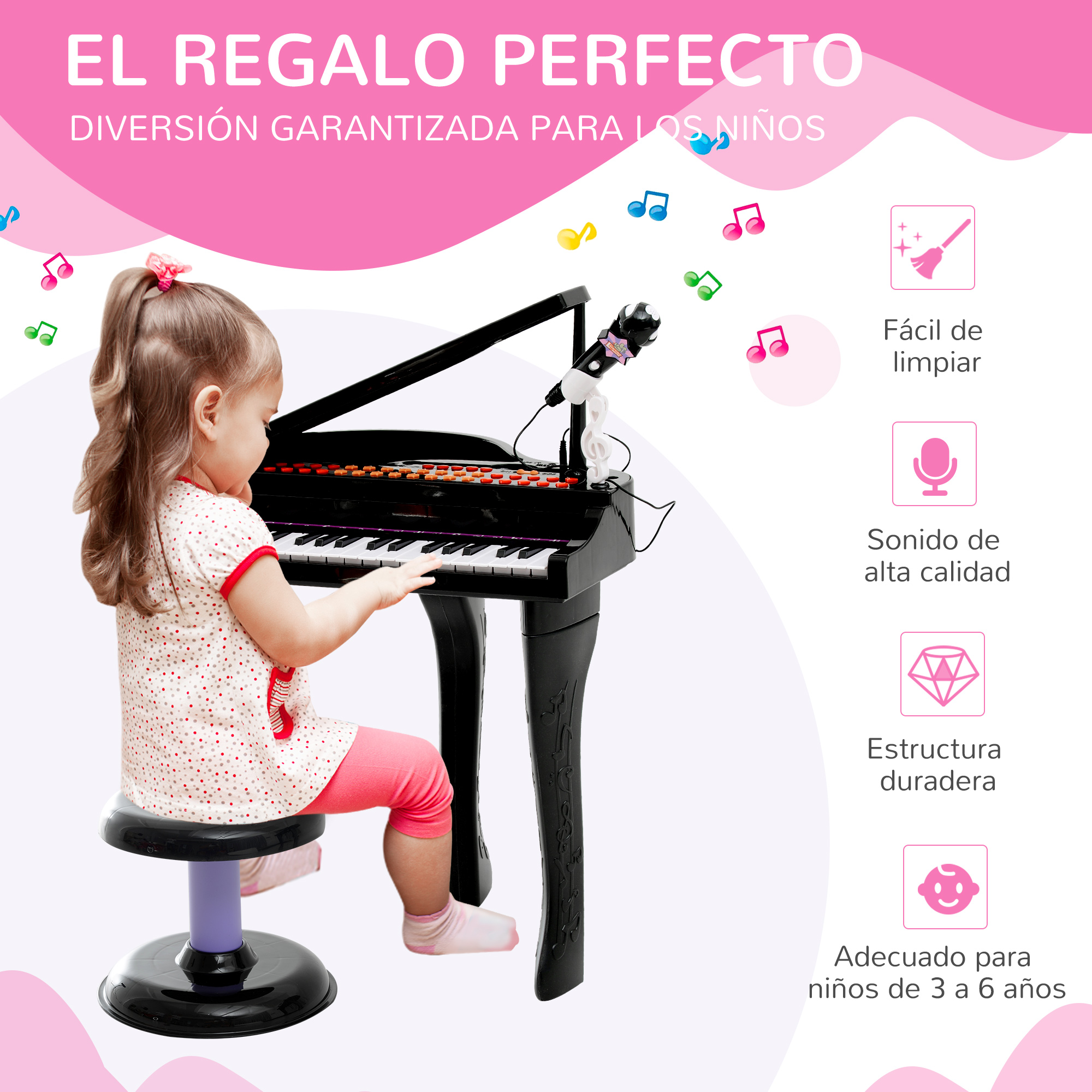 HOMCOM Piano Infantil De 37 Teclas Con Micrófono Y Taburete – Rosa – 22 Canciones, 12 Ritmos, Luces LED – Juguete Educativo Para +3 Años