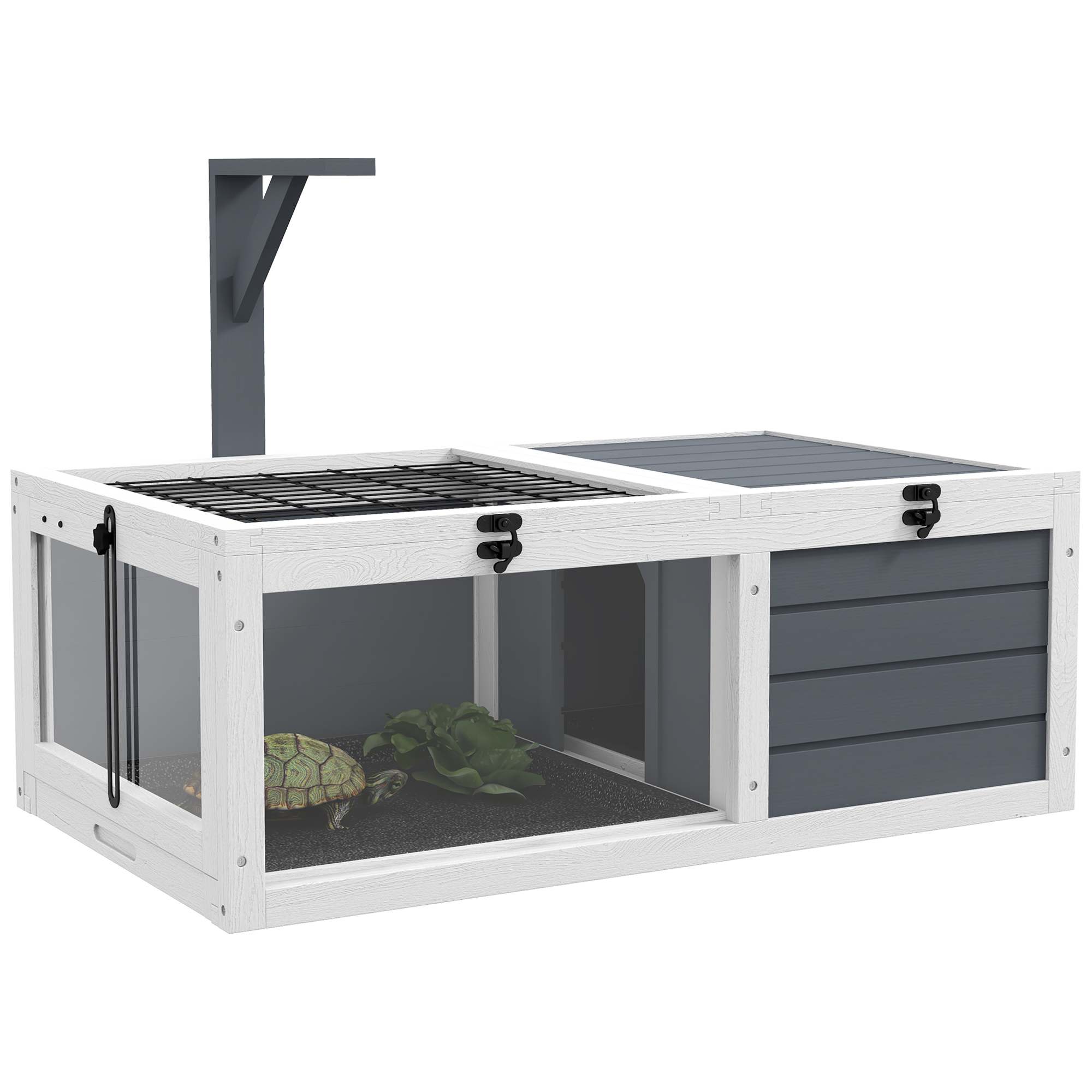 PawHut Tortoise Table with Adjustable Lamp Holder, Wooden Tortoise House w/ Openable Lids, Pull-Out Trays - Grey