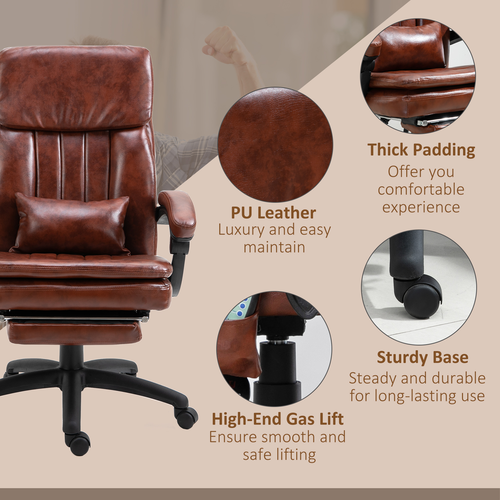 Vinsetto PU Leather Office Chair with 7 Point Vibrating Massage, Computer Desk Chair with Footrest, Adjustable Height, Reclining Back, Brown 8
