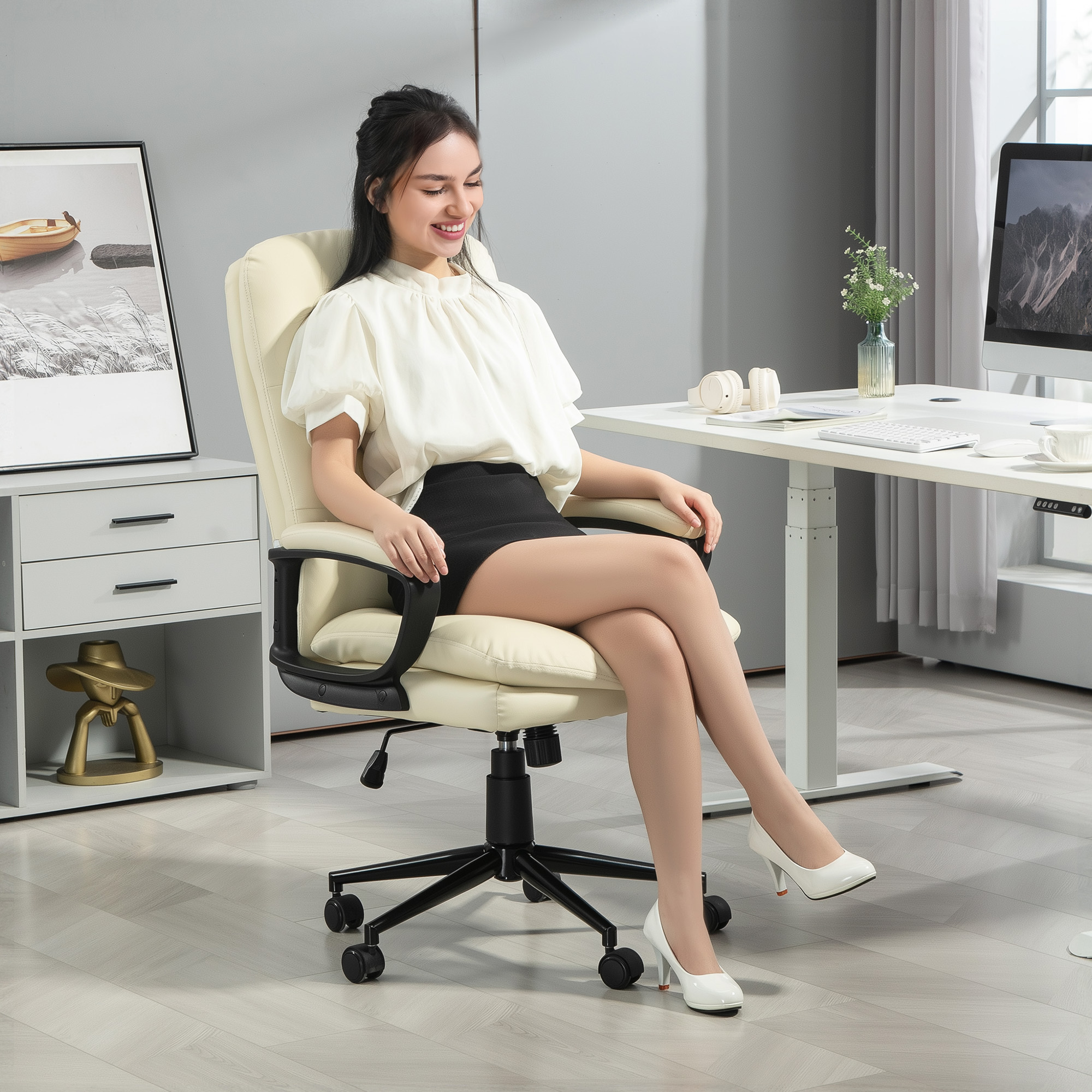 Vinsetto Office Chair, PU Leather Computer Desk Chair Office Chair with Adjustable Height and Swivel Rolling Wheels for Work Study, Cream White 6