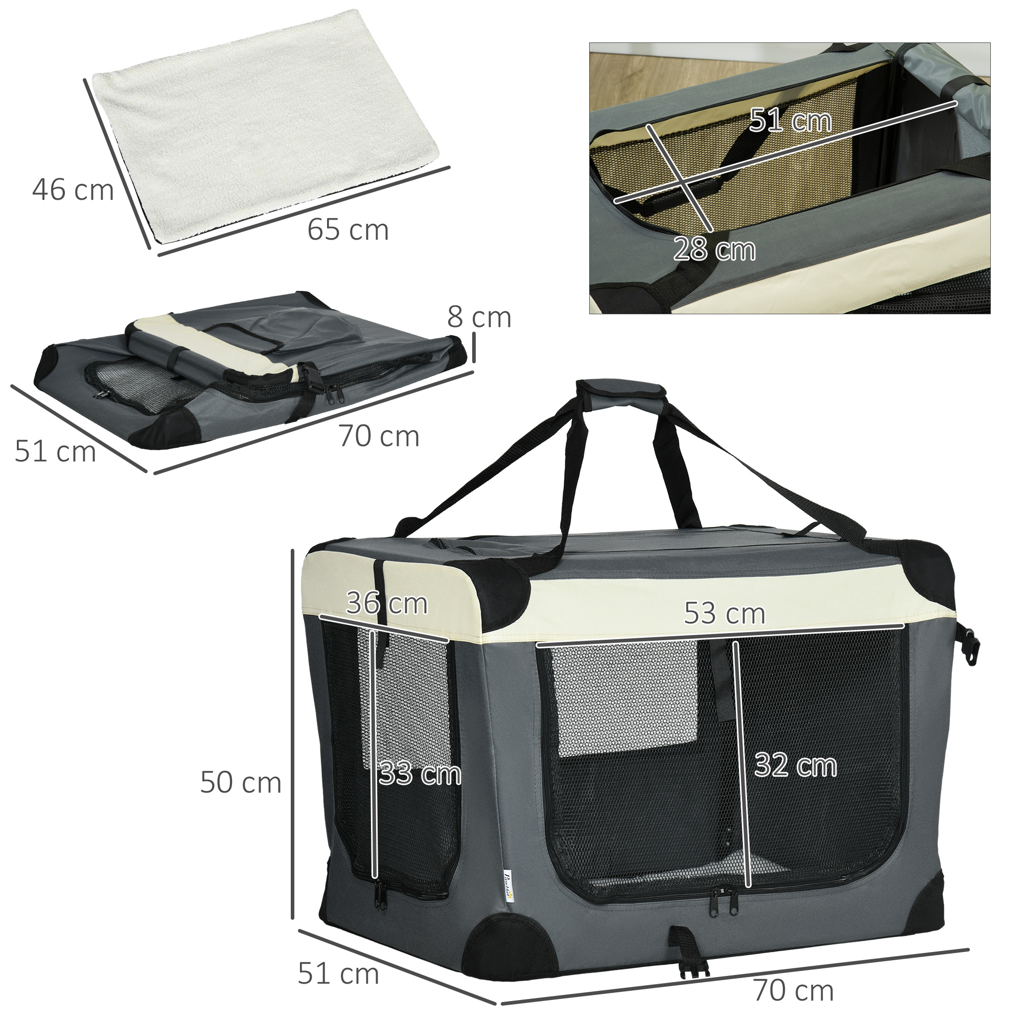 PawHut Transporttasche Für Hunde & Katzen – Faltbar, Atmungsaktiv, Mit Kissen, 61x46x51 Cm