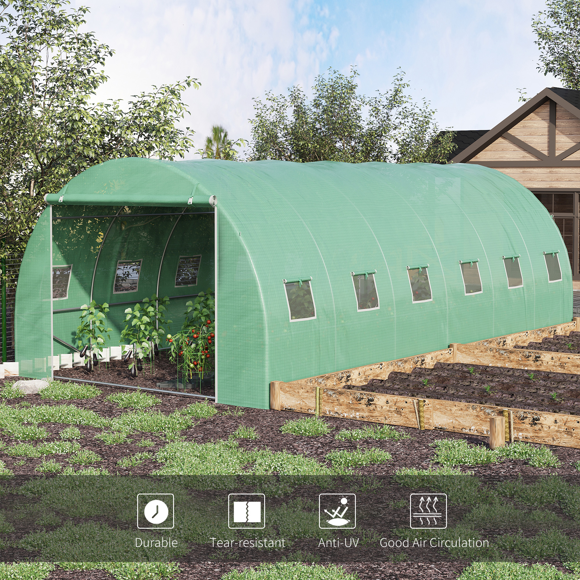 Outsunny 6 x 3 x 2 m Polytunnel Greenhouse with Roll-up Door and 12 Mesh Windows, Walk-in Garden Tunnel Warm House Tent with UV-resistant PE Cover and Galvanised Steel Frame, Green 6