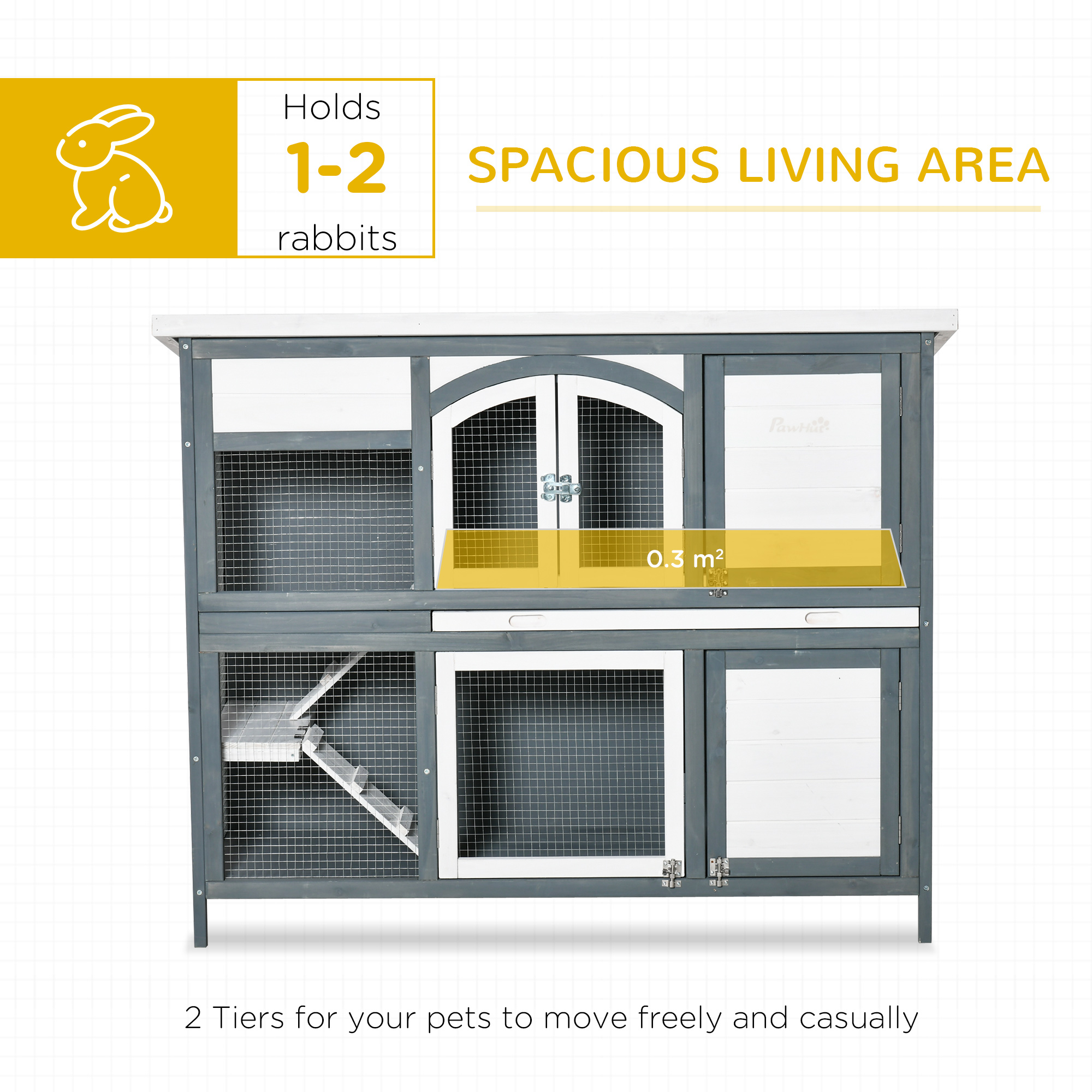 PawHut Rabbit Hutch Outdoor Guinea Pig Hutch 2 Tier Wooden Cage w/ Ramp, Divider, Openable Roof, 125 x 48 x 100cm Grey 4