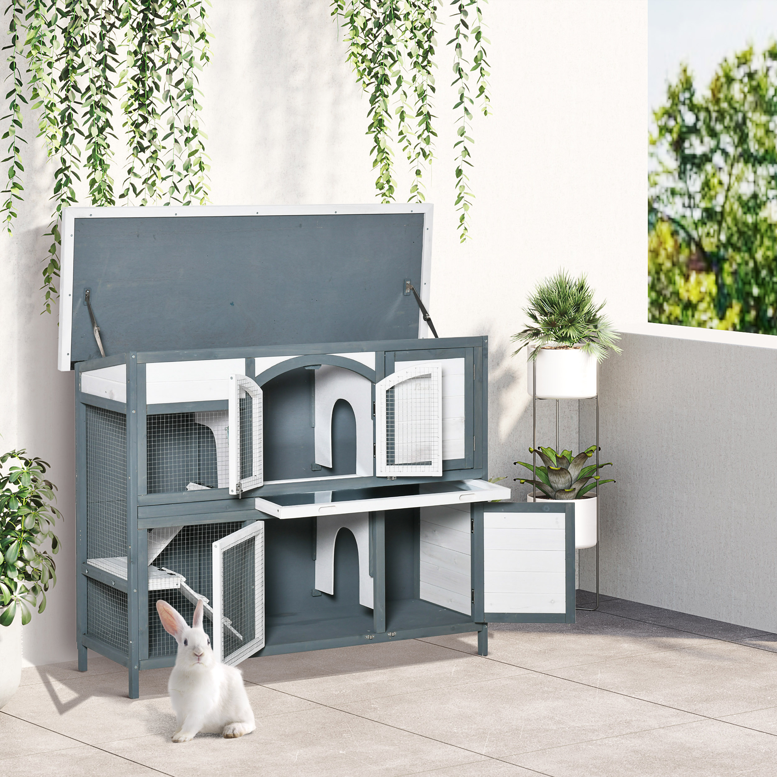 PawHut Rabbit Hutch Outdoor Guinea Pig Hutch 2 Tier Wooden Cage w/ Ramp, Divider, Openable Roof, 125 x 48 x 100cm Grey 2