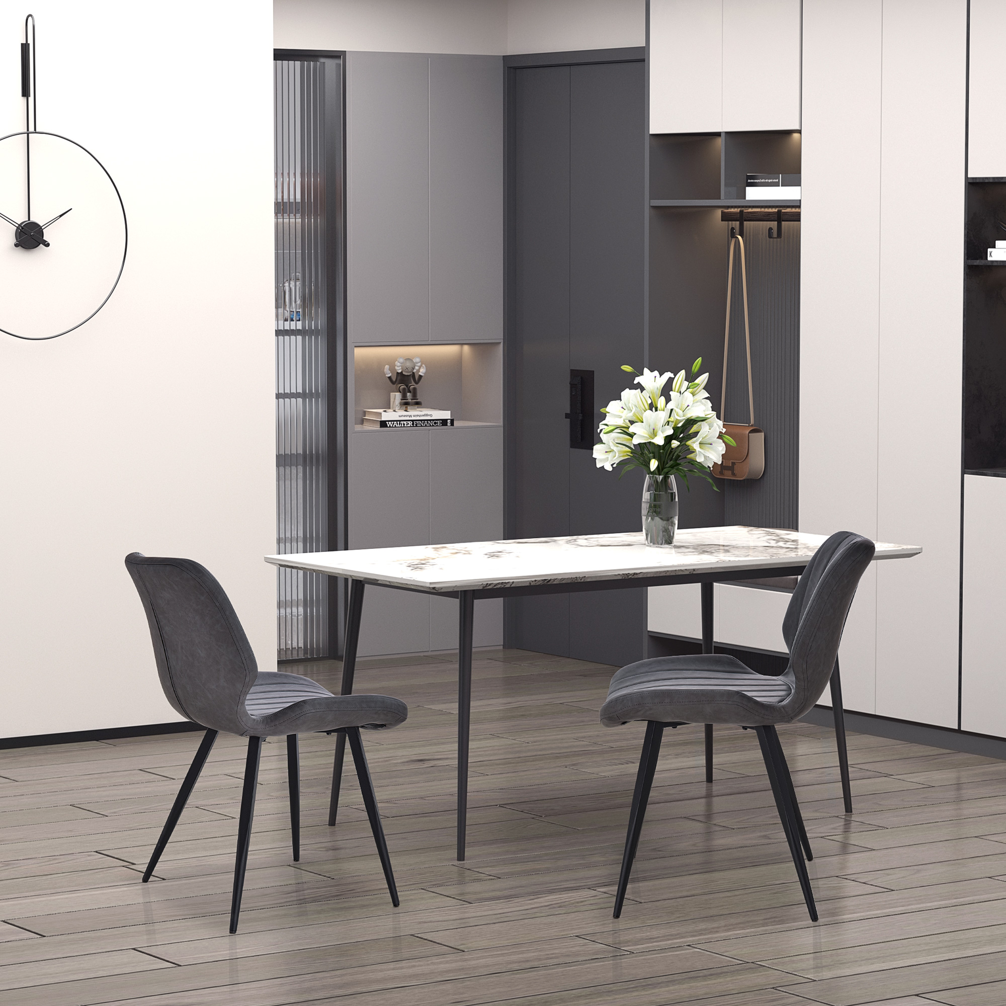 HOMCOM Dining Chairs Set of 2, PU Leather Upholstered Kitchen Chairs with Backs, Moulded Padded Seats and Steel Frame for Dining Room, Grey 2