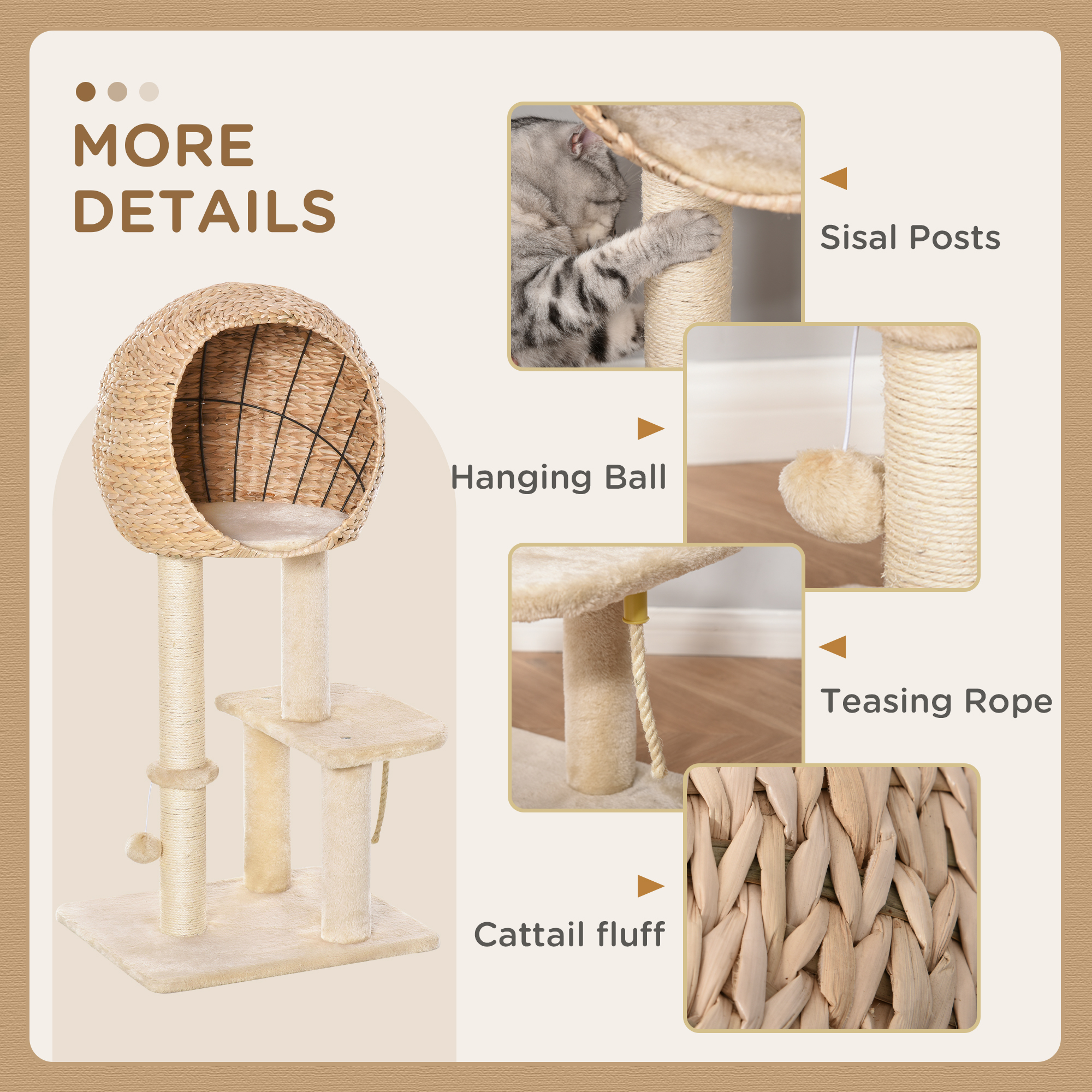 PawHut Cat Tree for Indoor Cats 100cm Kitten Climbing Tower Activity Center with Sisal Scratching Post Condo Perch Hanging Balls Teasing Rope Toy Cushion 5