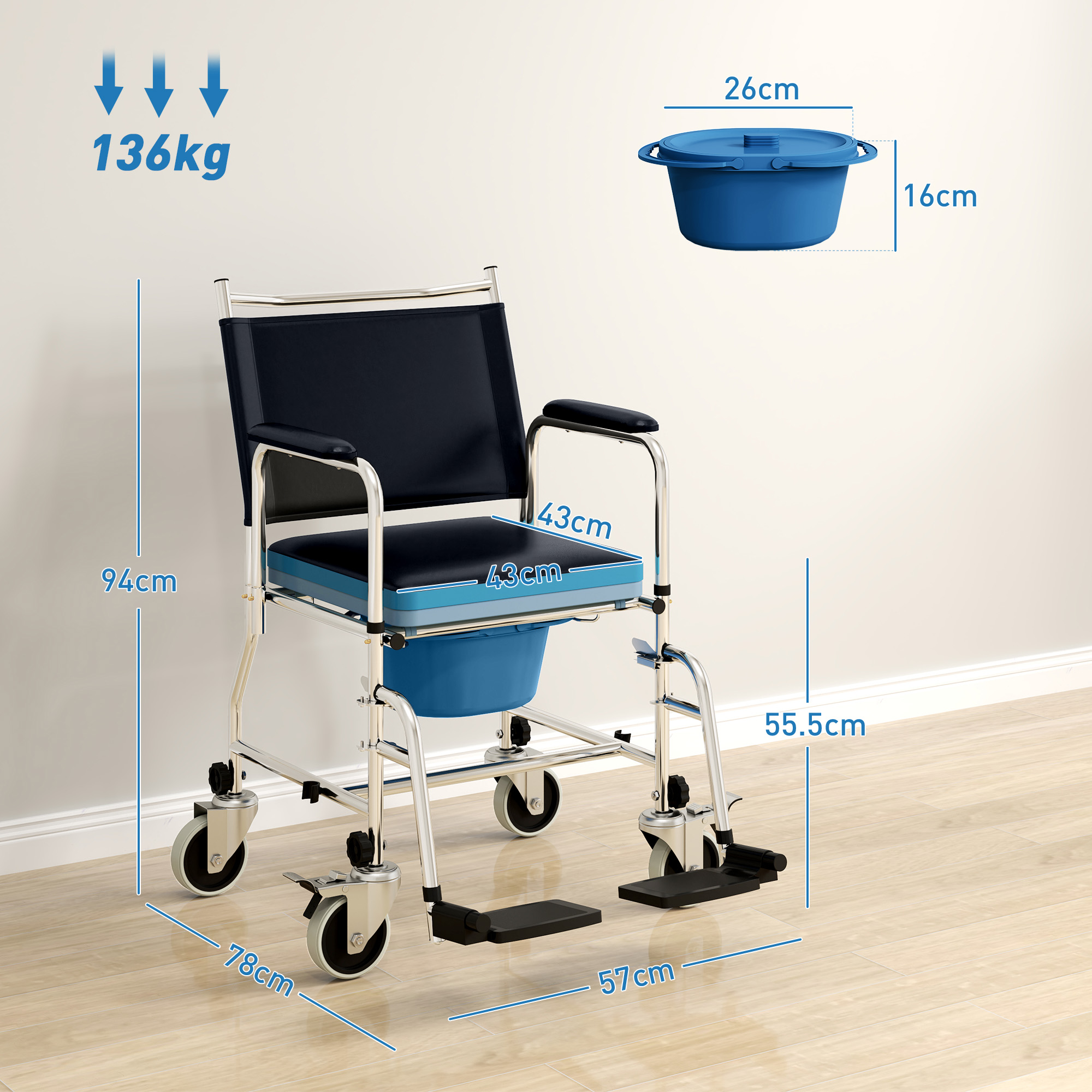 HOMCOM 3-In-1 Commode Wheelchair Black 3