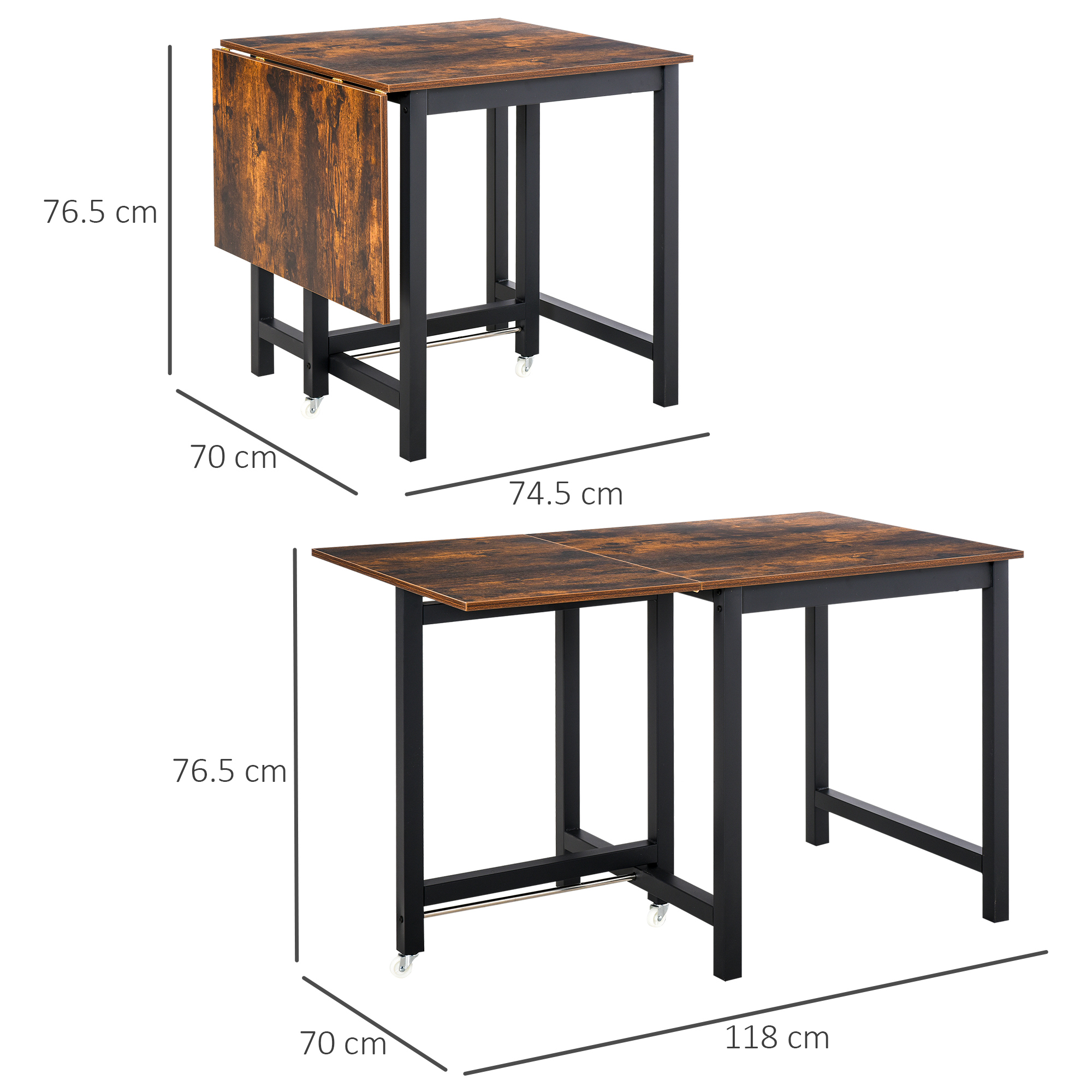 HOMCOM Folding Dining Table, Industrial Drop Leaf Table with Wheels and Metal Frame for Kitchen, Dining Room, Space Saving, Rustic Brown 3
