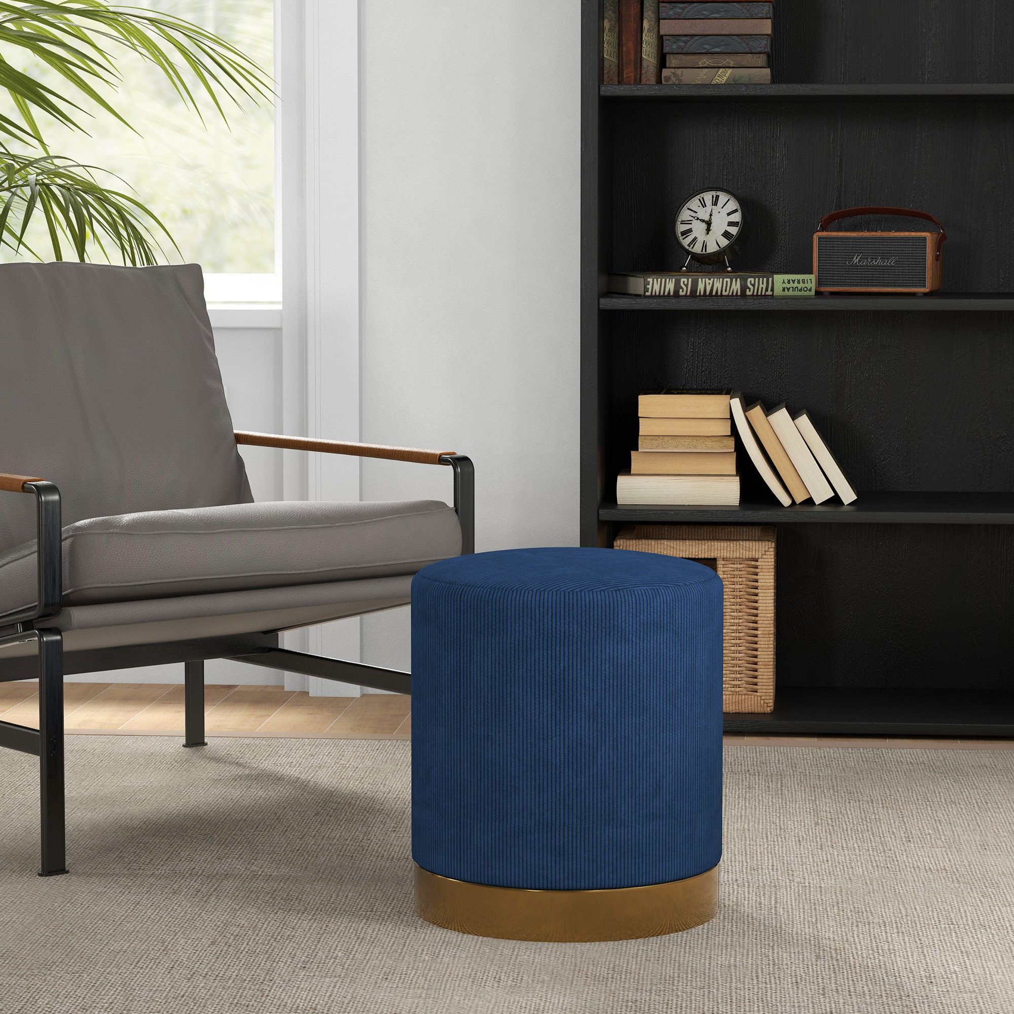 HOMCOM Soft Padded Corduroy Footstool Dark Blue 2