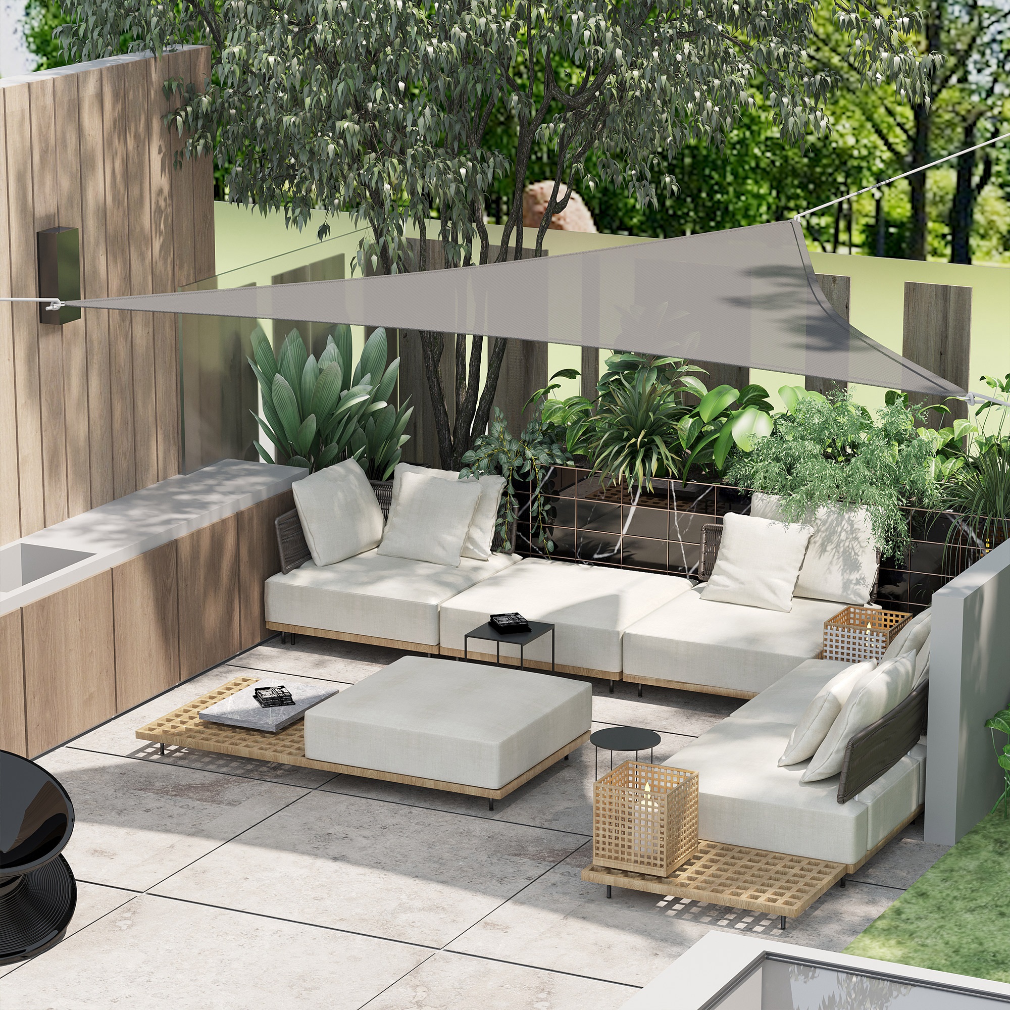 Outsunny 4x4x4m Triangle Sun Shade Sail, Outdoor UV Protection HDPE Canopy, Patio Deck Shelter with Steel Rings and Ropes, Grey