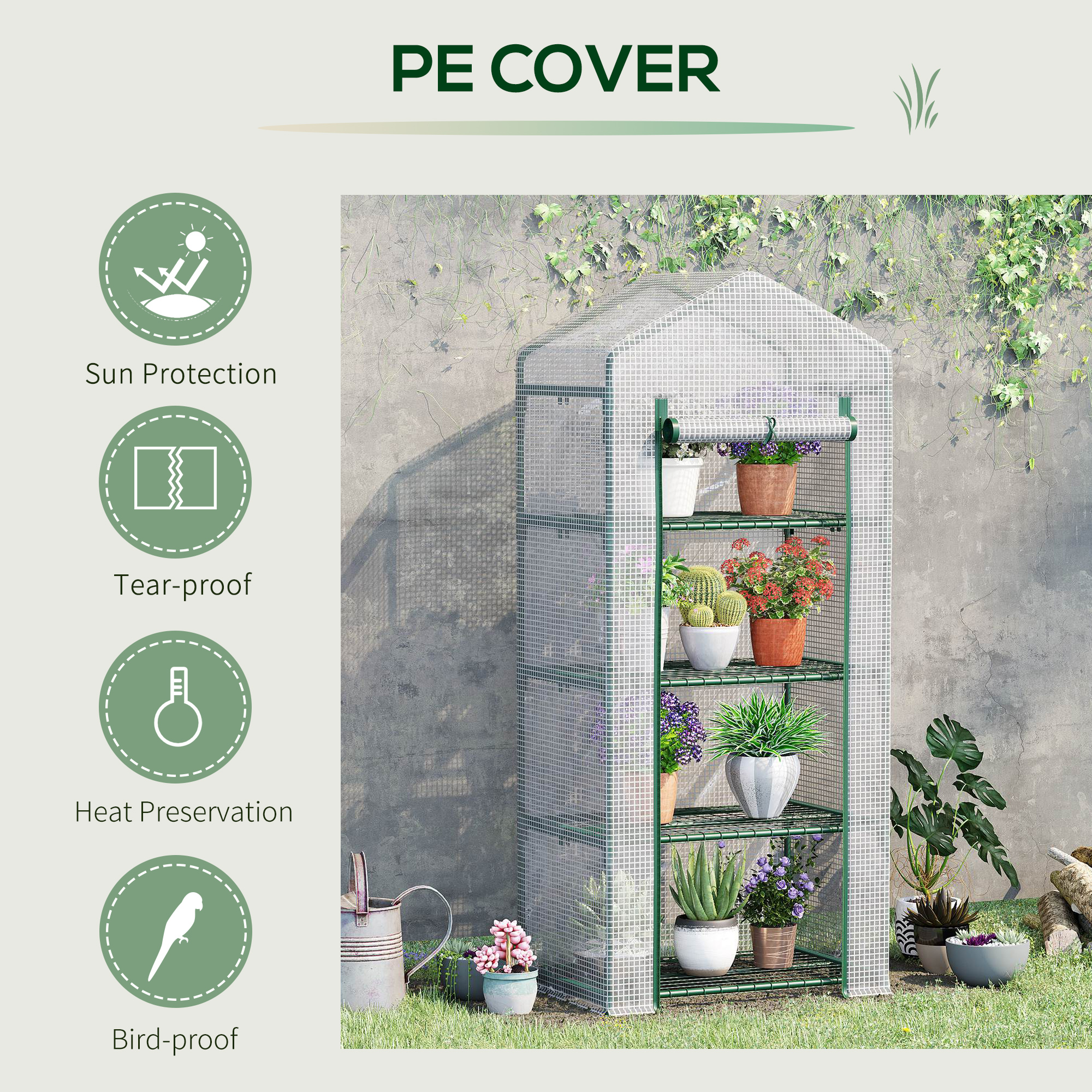 Outsunny 4 Tier Mini Greenhouse, Portable Compact Green House with Steel Frame, PE Cover, Roll-up Door, 70 x 50 x 160 cm, White 5