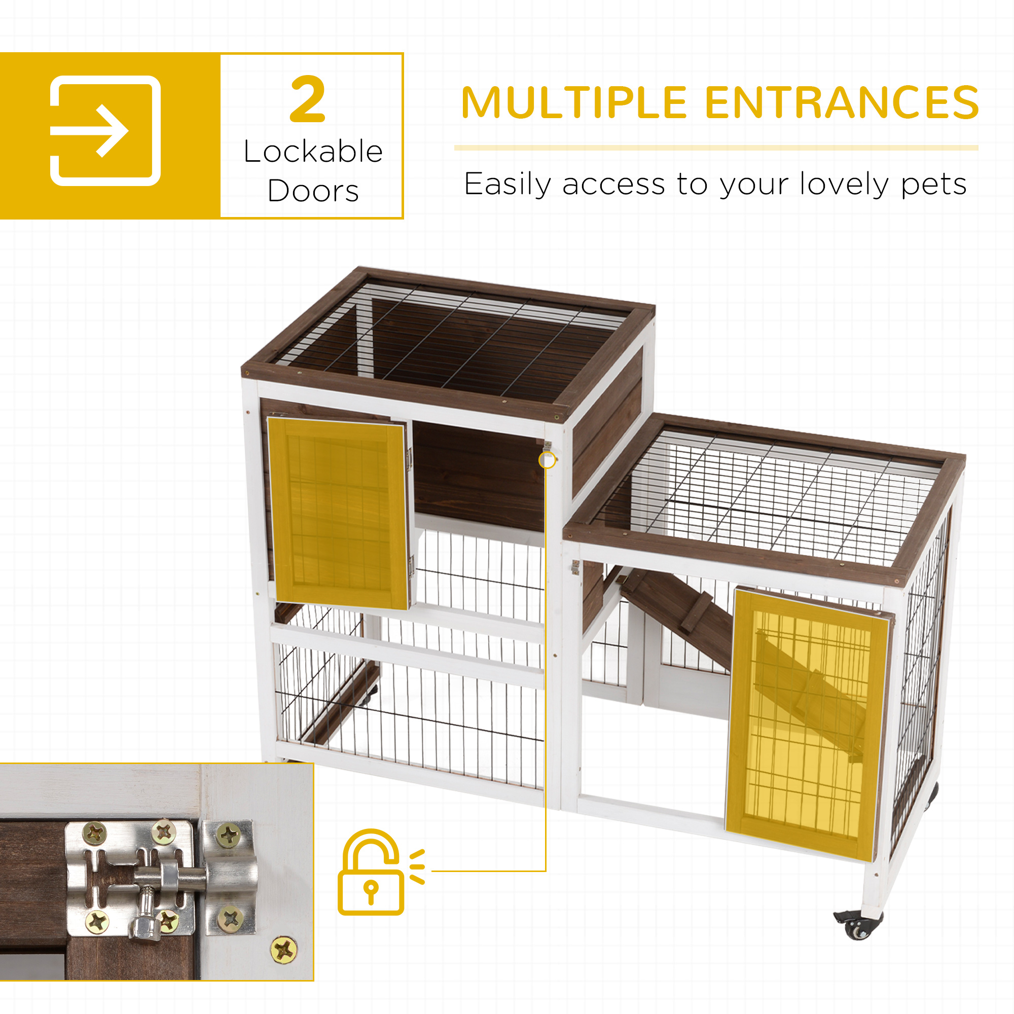 PawHut Two-Tier Rabbit Hutch Pet Cage, with Wheels Brown 5