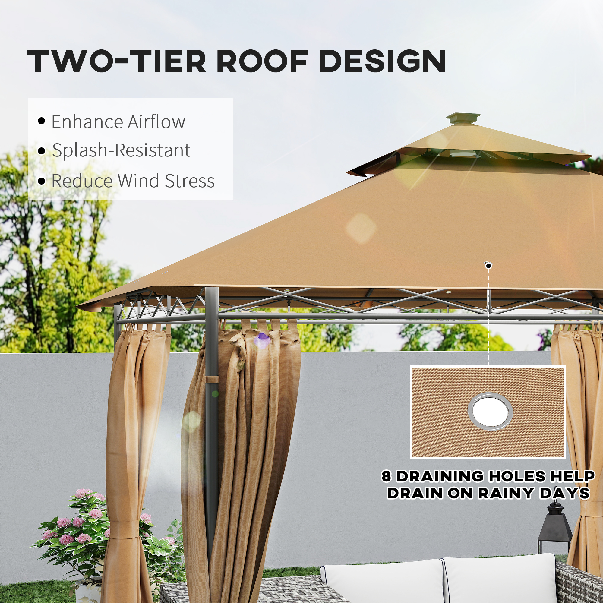 Outsunny 3 x 3 m Solar LED Metal Gazebo Brown 5