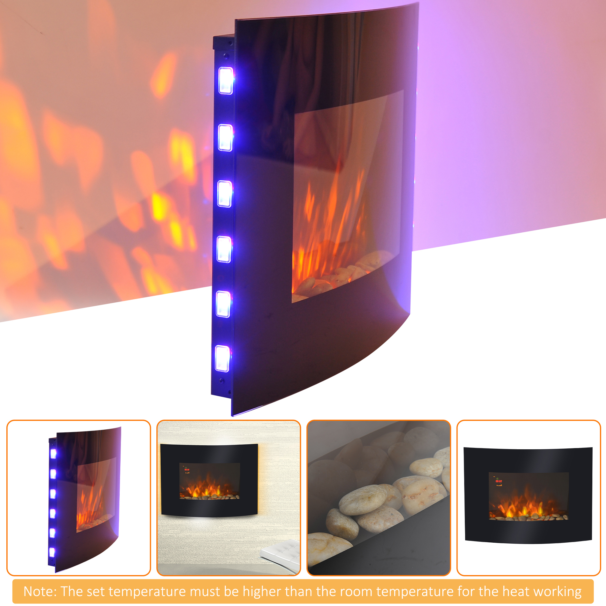 HOMCOM Led Wall Mounted Fireplace Curved Glass Electric Fire Place Fire Place 7 Colour Side Lights Slimline, 900/1800W, 65cm x 52cm 6