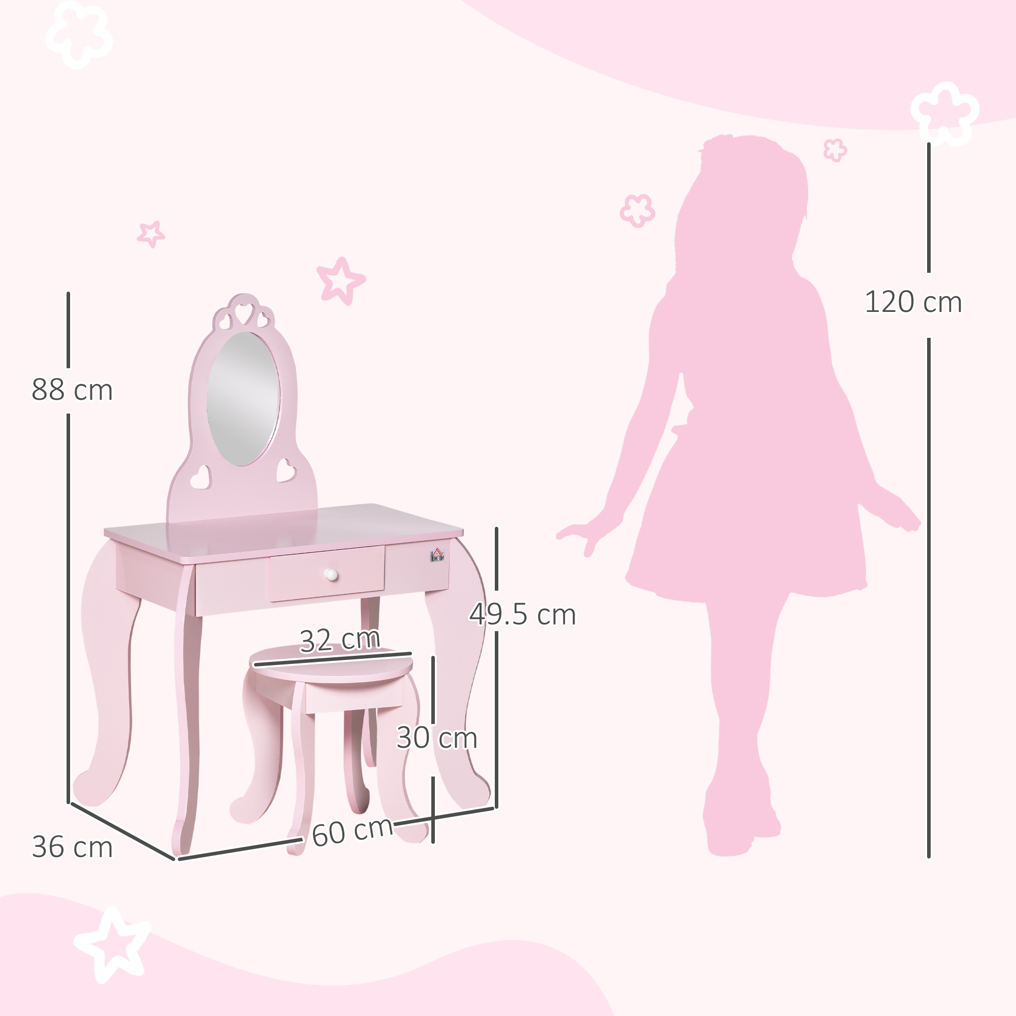 HOMCOM Kids Vanity Table & Stool Girls Dressing Set Make Up Desk Chair Dresser Play Set with Mirror Pink 3
