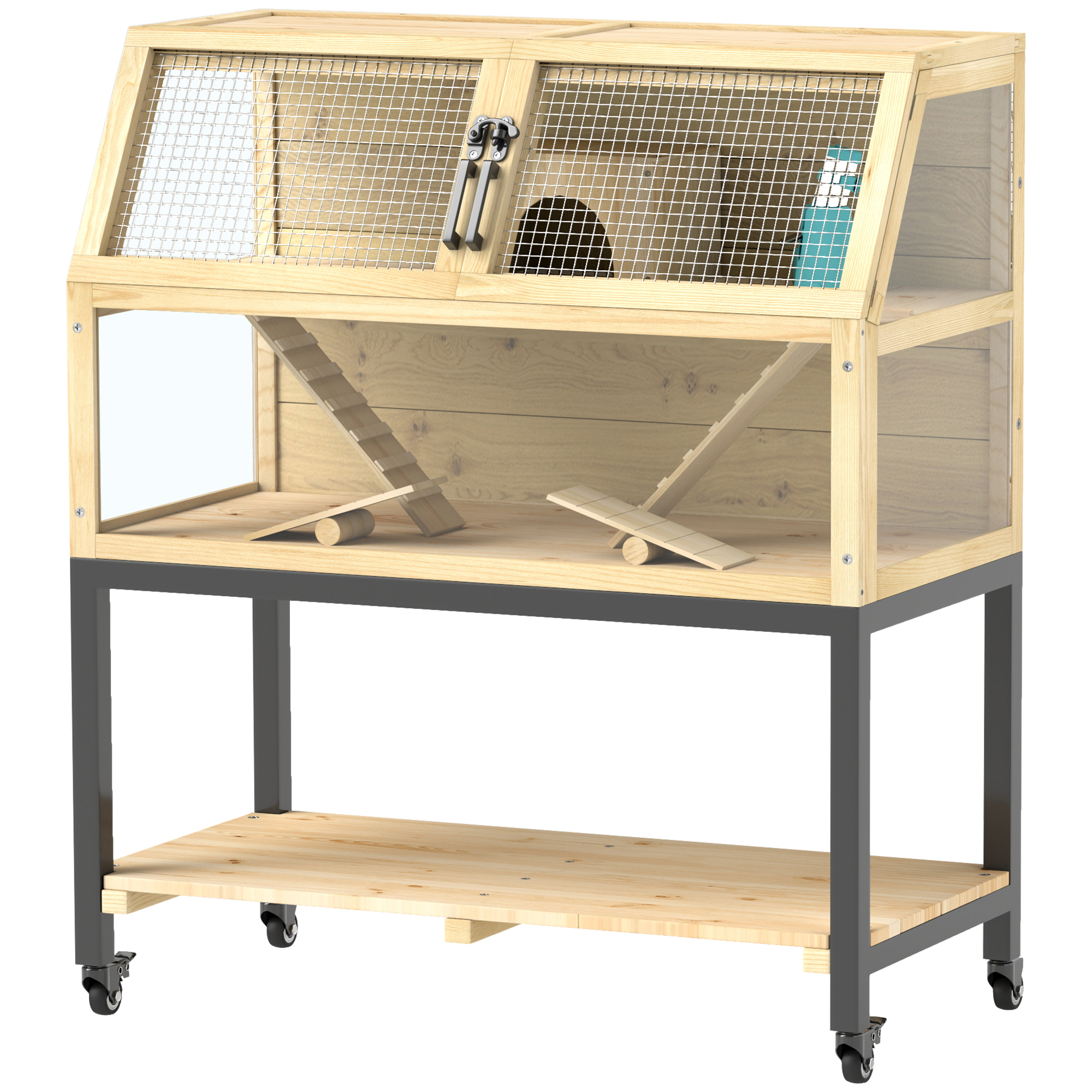 PawHut Zwerghamsterkäfig aus Holz, 87 x 43 x 101 cm Nagerkäfig mit Ablagefläche, Wasserflasche, Hütte, Wippen, Kleintierkäfig mit Rädern, Rampen, Naturholz Aosom