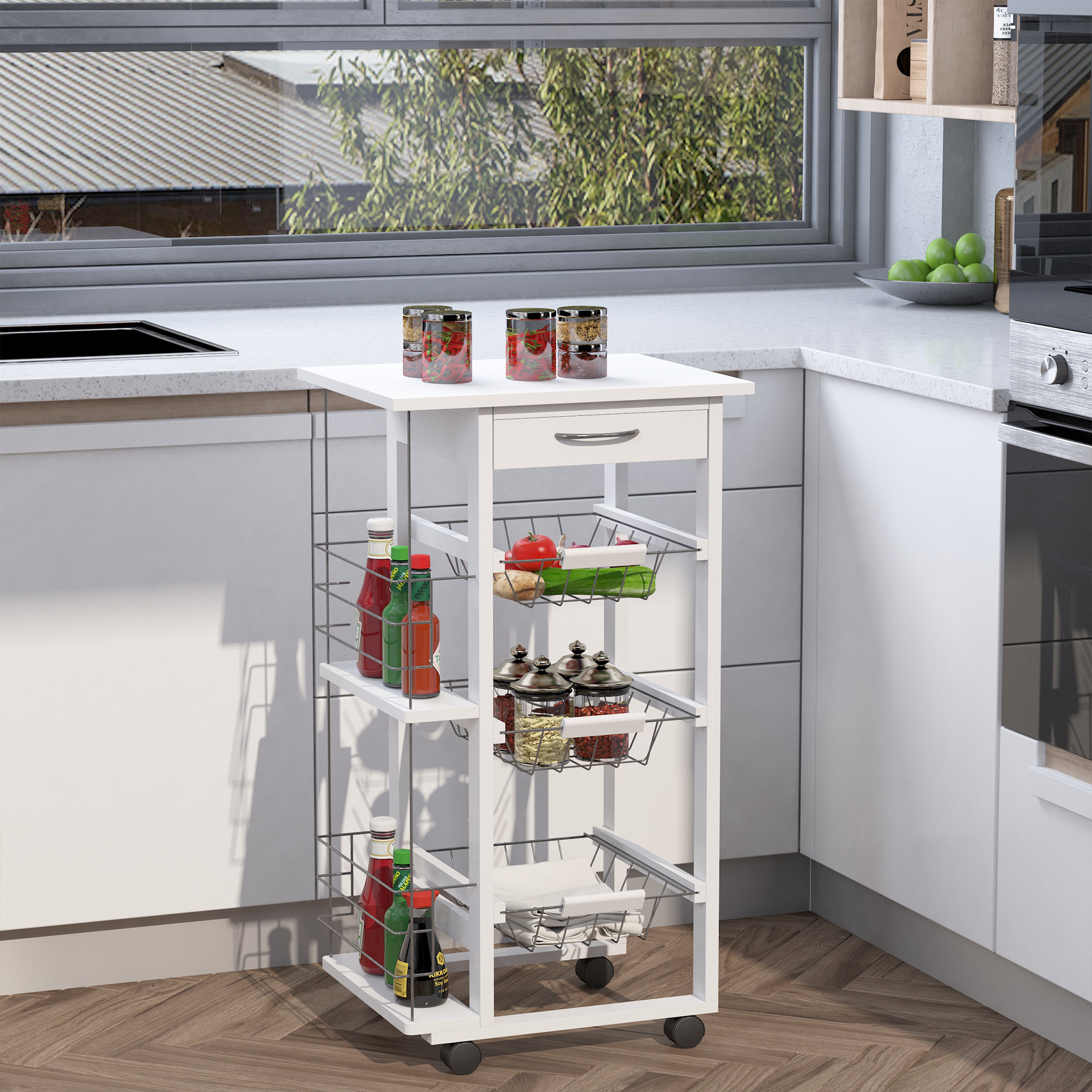Carrello Portavivande In Bambù KOMFOTTEU – 3 Ripiani Aperti, Cassetto, Armadietto, Ruote Bloccabili, Portasciugamani – 91x44x89 Cm