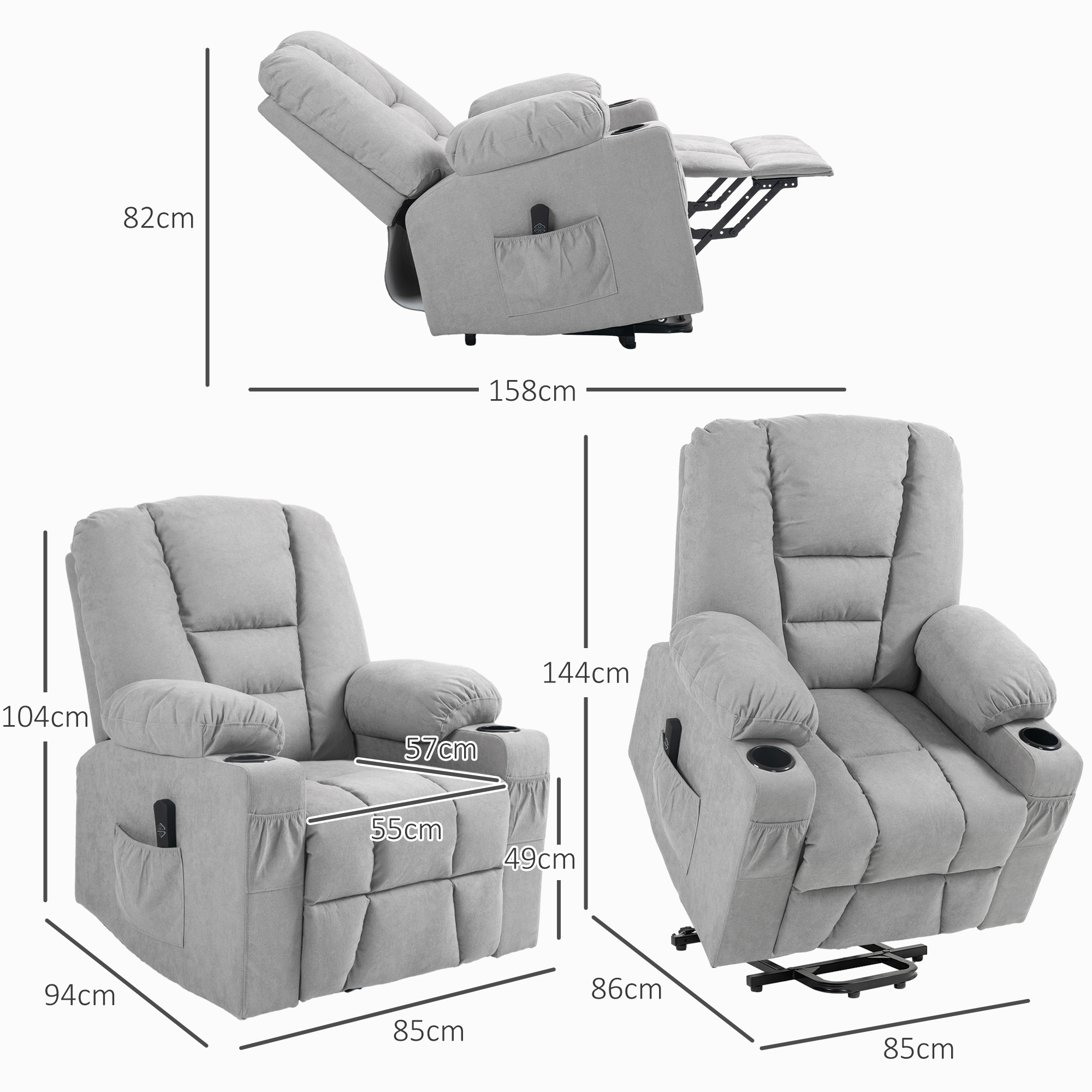 HOMCOM Oversized Riser and Recliner Chairs for the Elderly, Fabric Upholstered Lift Chair for Living Room with Remote Control, Side Pockets, Cup Holder, Light Grey 3