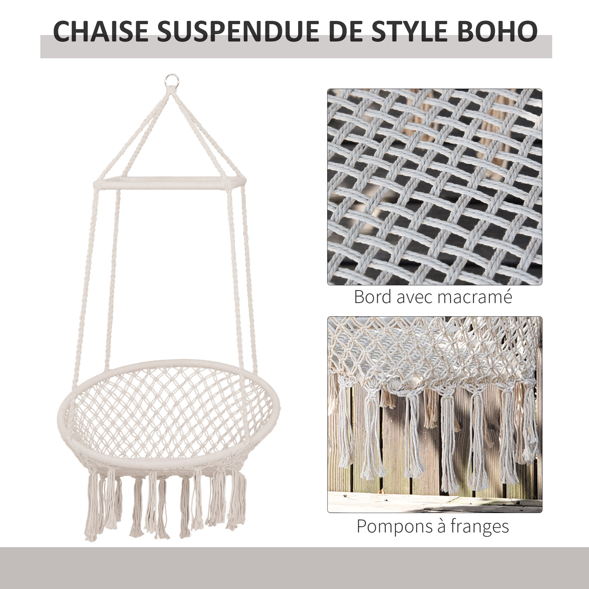 Chaise suspendue hamac de voyage respirant portable dim. 100L x 49l x 106H cm coton macramé