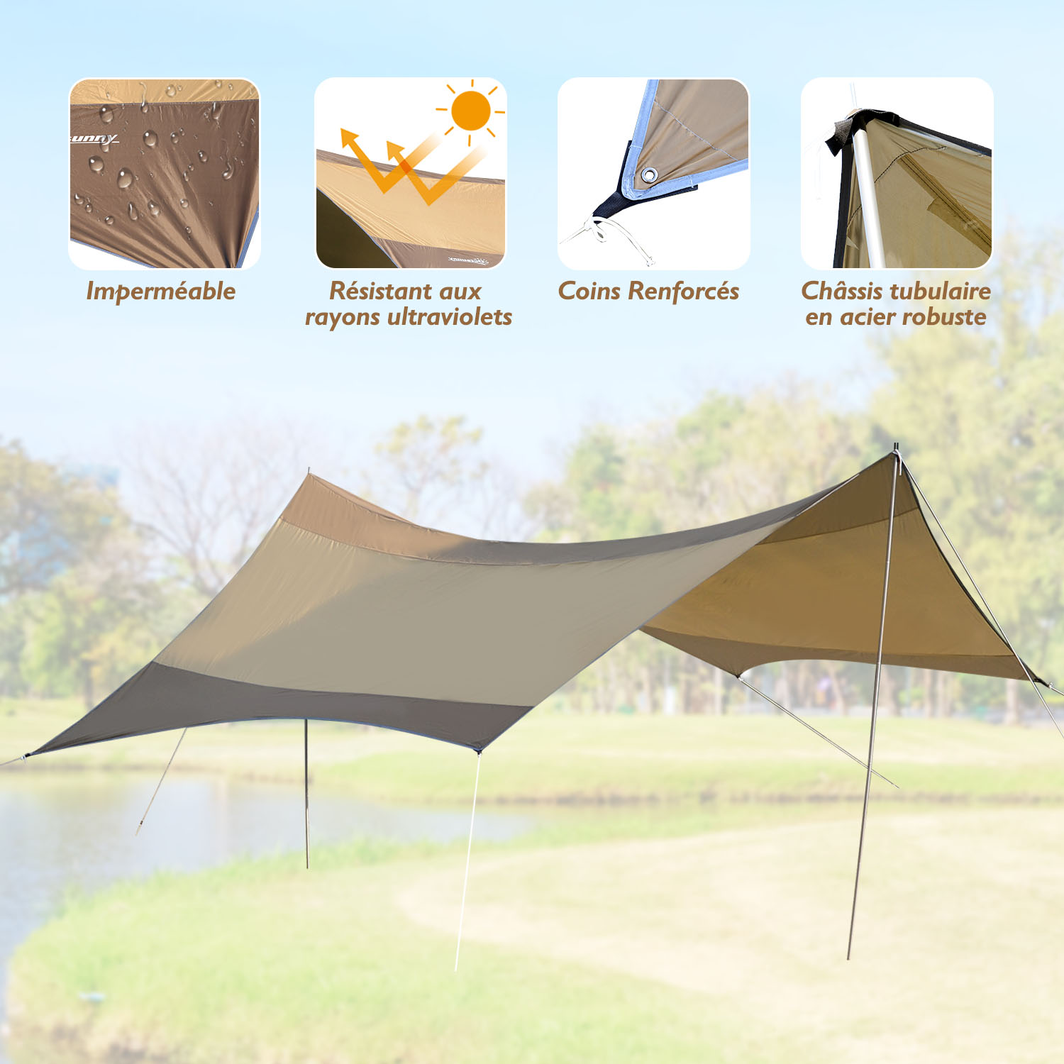 Bâche Anti-Pluie 3x3m Camping - Tarp Toile Tente Portable Avec Piquets Et Cordes, Abri Randonnée