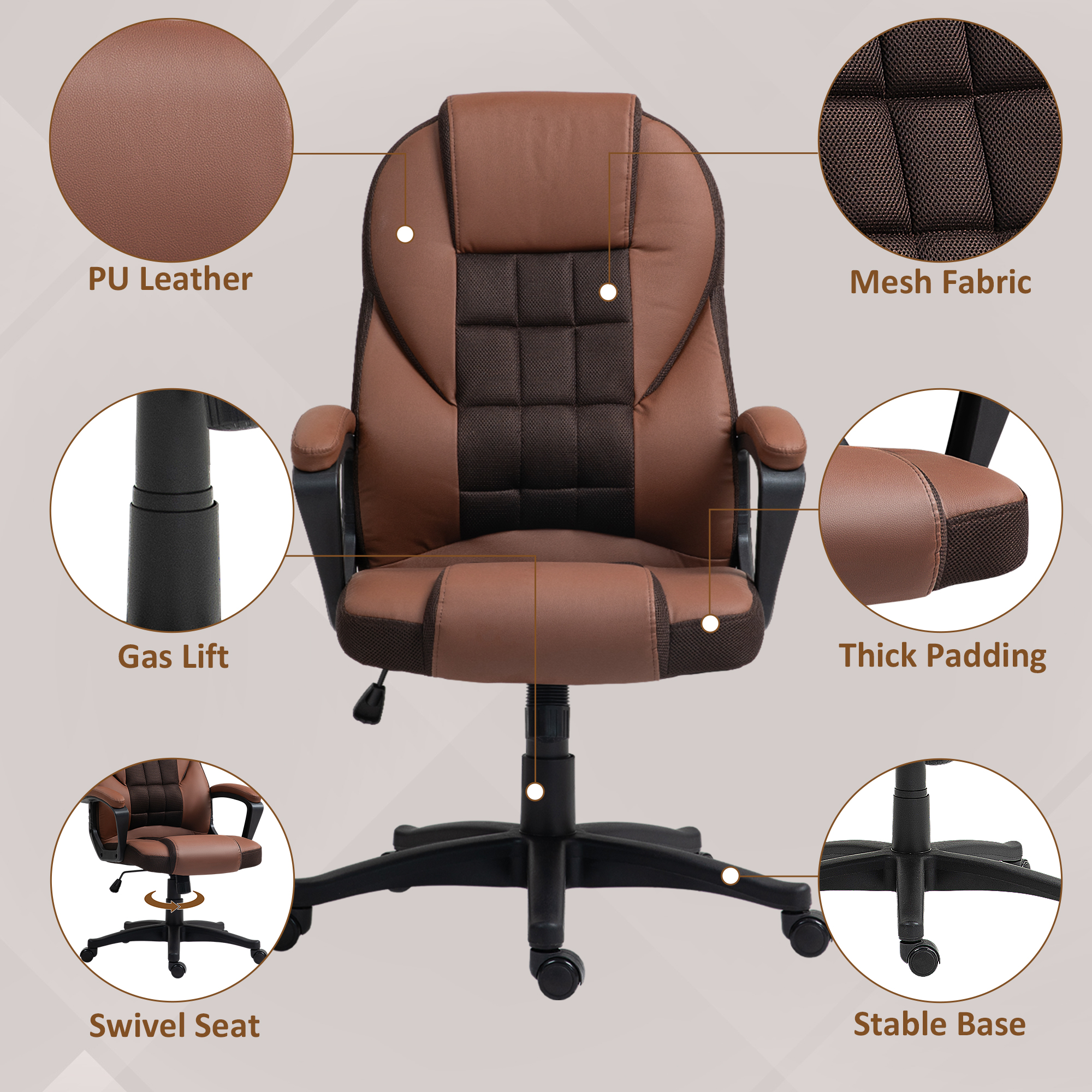 HOMCOM Faux Leather Office Chair Brown 5