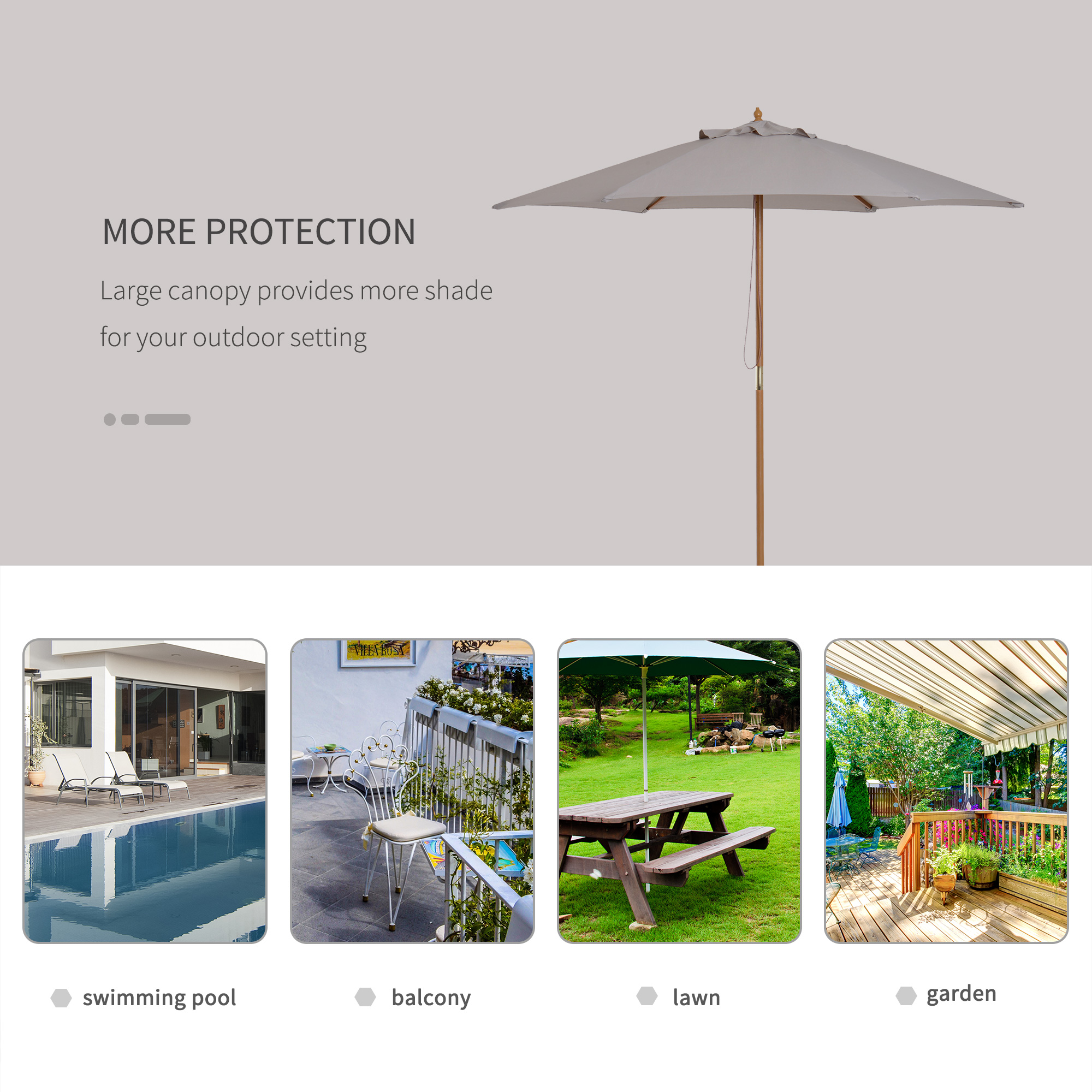 Outsunny 2.5m Wood Garden Parasol Sun Shade Patio Outdoor Wooden Umbrella Canopy, Table Market Umbrella with Vent, 38mm Pole, Rope Pulley Mechanism, Grey 6