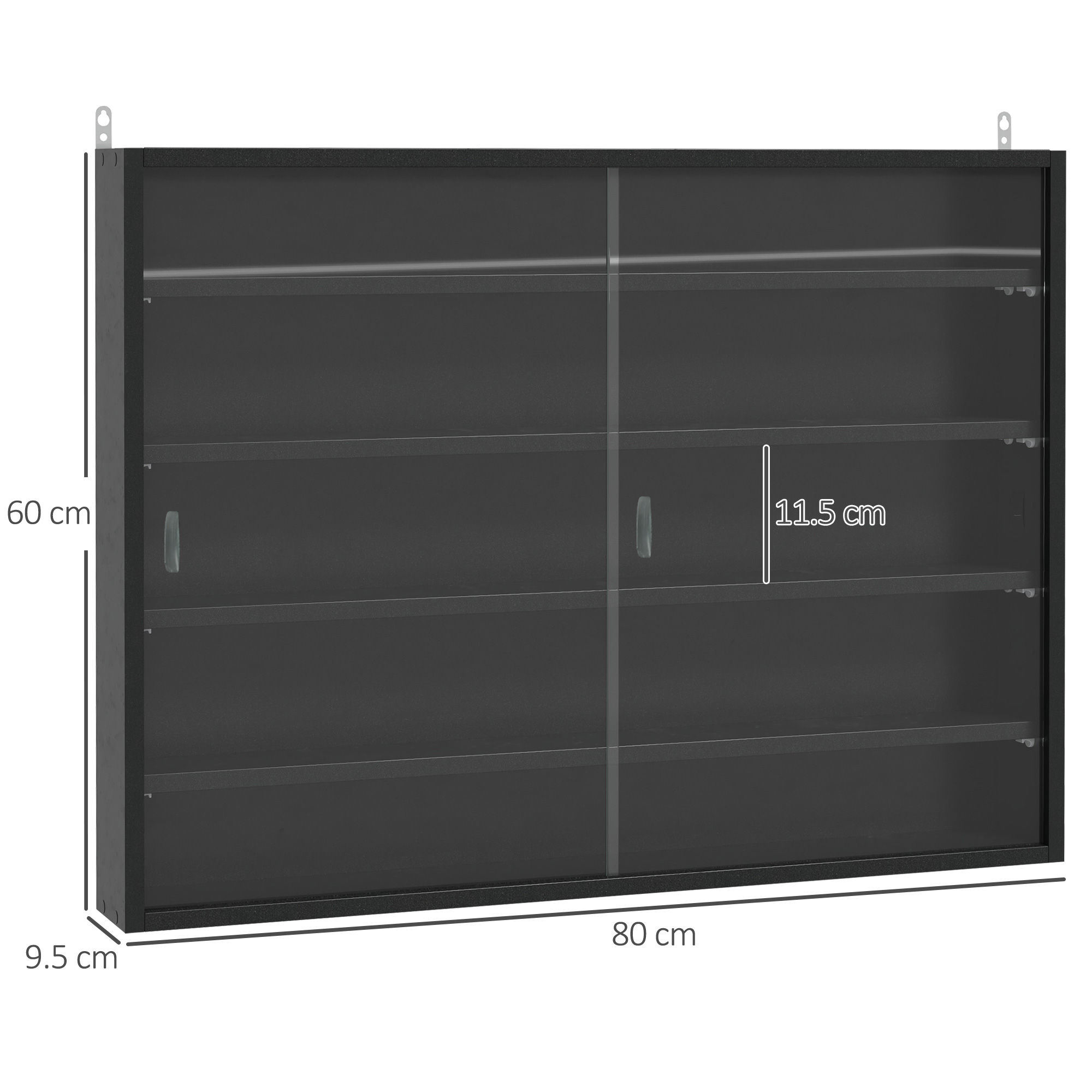 HOMCOM 5-Tier Wall Display Shelf Unit Cabinet w/ 4 Adjustable Shelves Glass Doors Home Office Ornaments 60x80cm Black 3