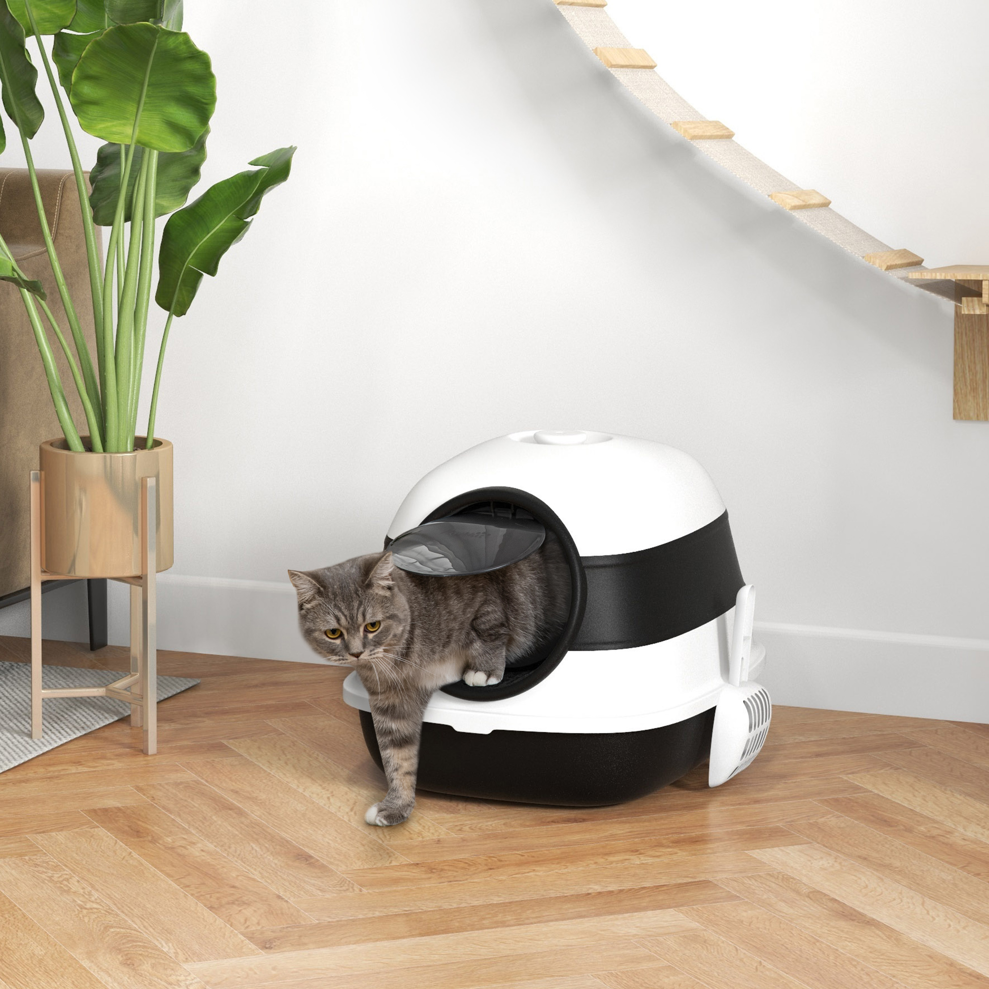 PawHut Foldable Cat Litter Tray with Lid, Deodorant, Scoop, Black 2
