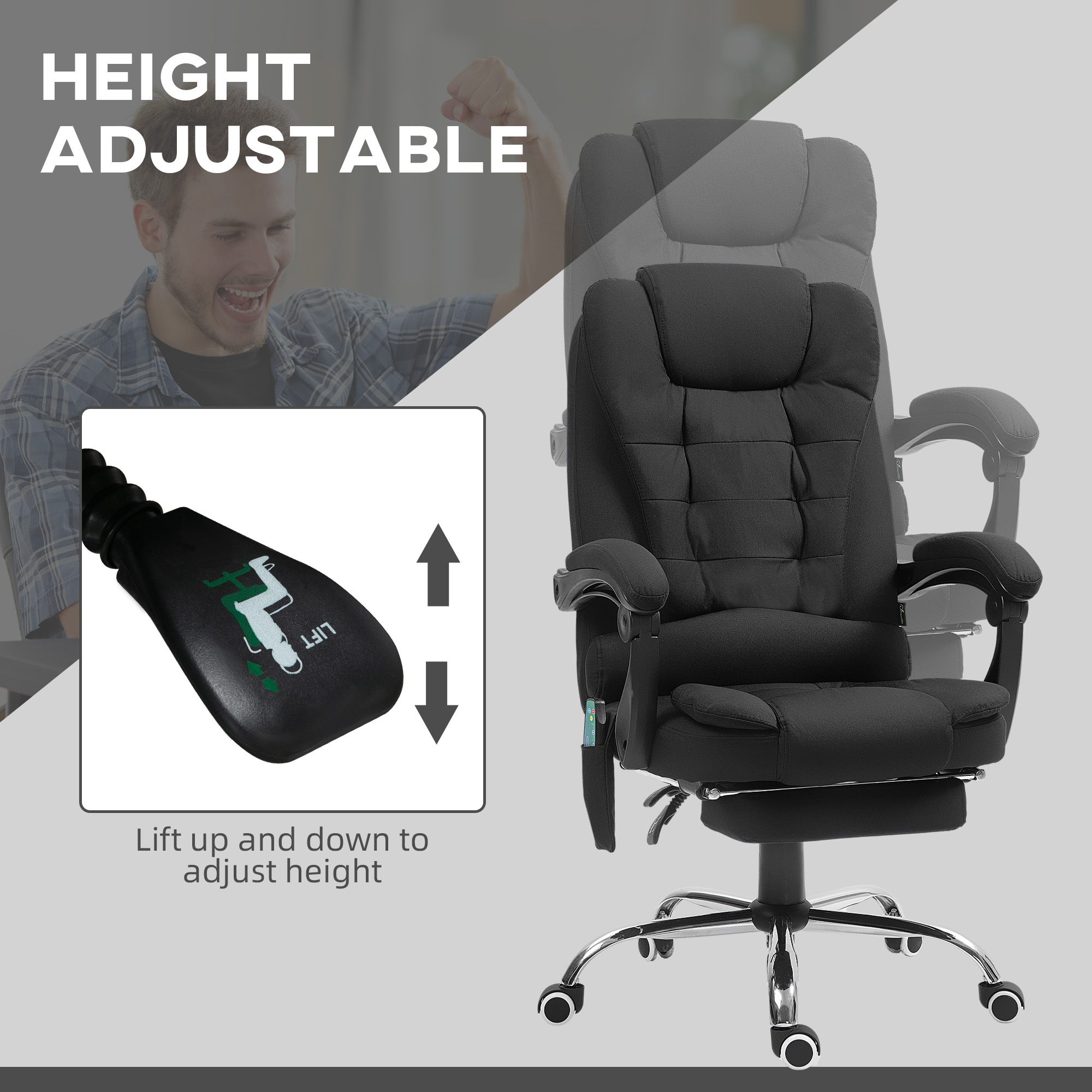 Vinsetto Office Chair with 6 Point Massage and Back Heat, Microfibre Desk Chair with Footrest Adjustable Height and Swivel Wheels, Back Reclining, Full Black 6