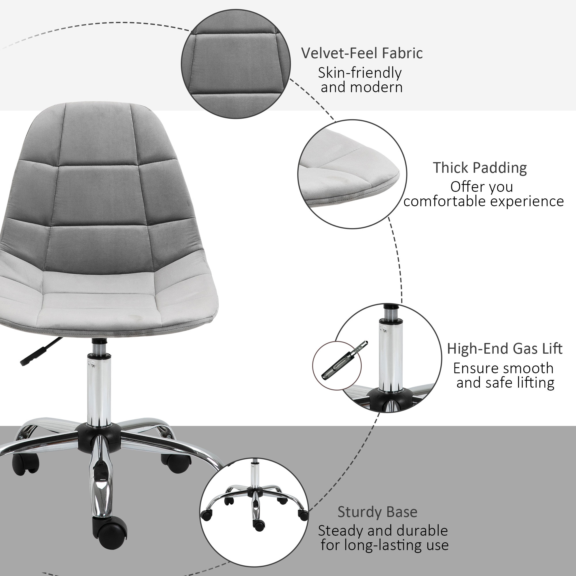 Vinsetto Ergonomic Office Chair with Adjustable Height and Wheels Velvet Executive Chair Armless for Home Study Bedroom Grey 6