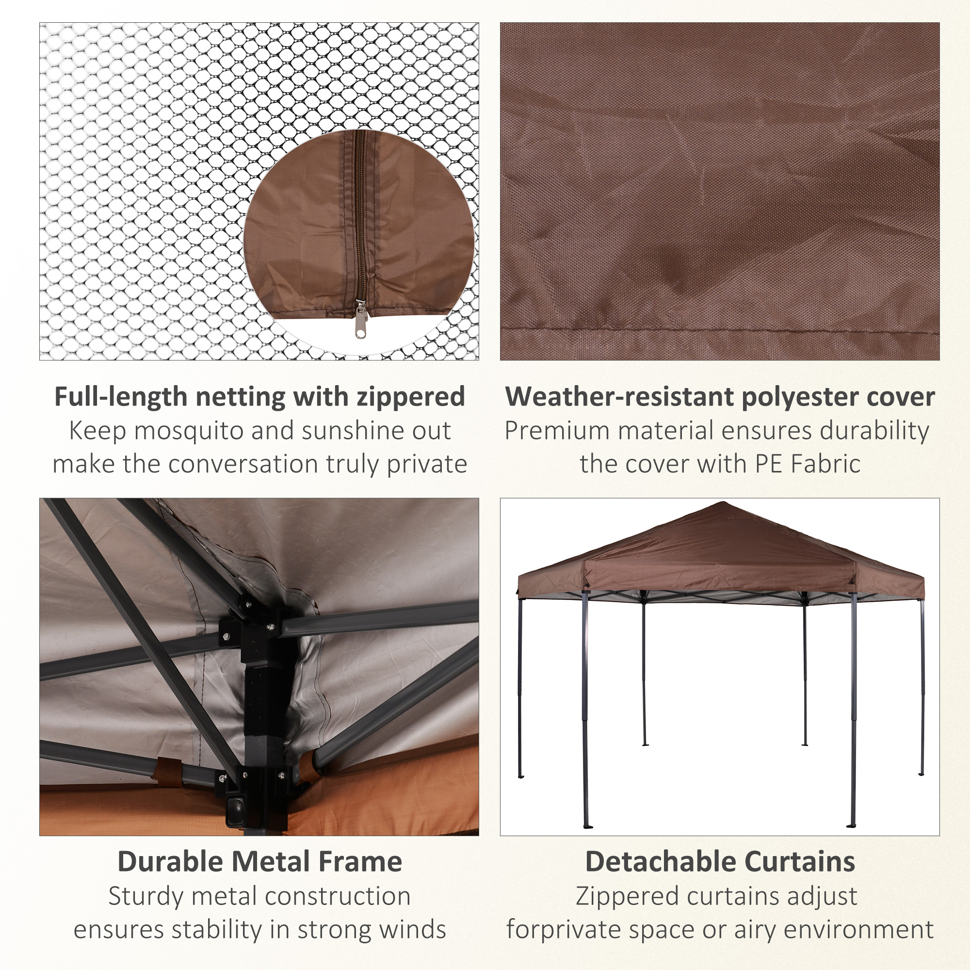 Outsunny 3.5m x 4m Hexagonal Pop Up Gazebo, Canopy Tent Sun Shelter for Patio Outdoor Party, Height Adjustable, with Mosquito Netting and Carry Bag Brown 7