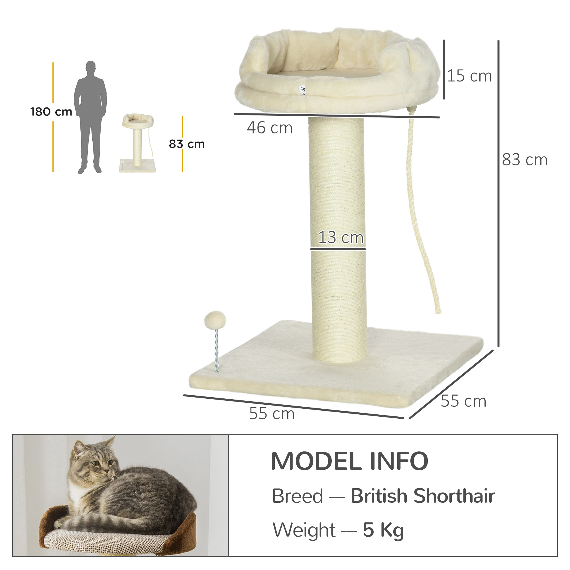 PawHut Cat Tree, with Sisal Wrapped Scratching Post Cream 3