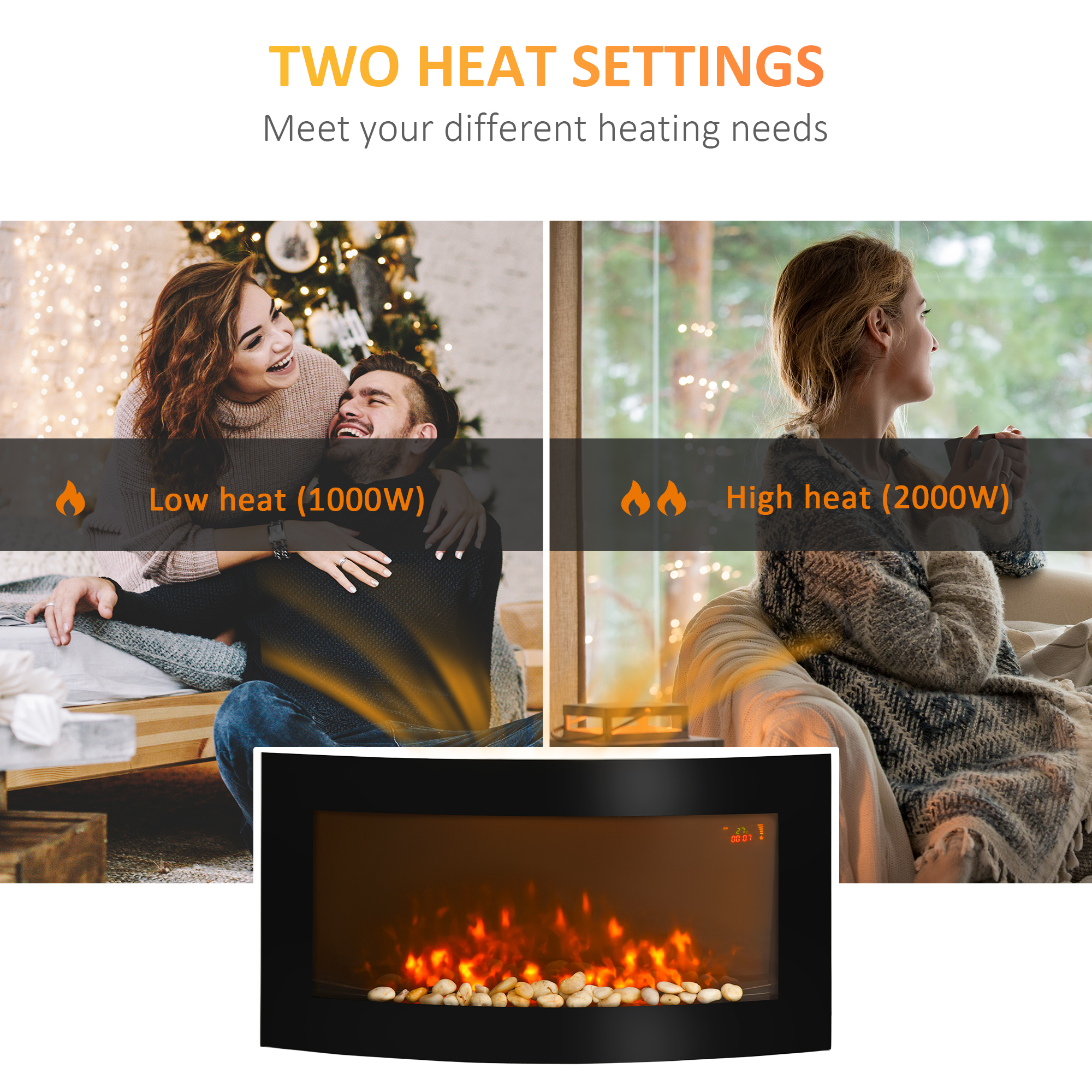 HOMCOM Led Wall Mounted Fireplace Curved Glass Electric Fire Place Fire Place 7 Colour Side Lights Slimline, 1000/2000W, 89.2cm x 48cm 4