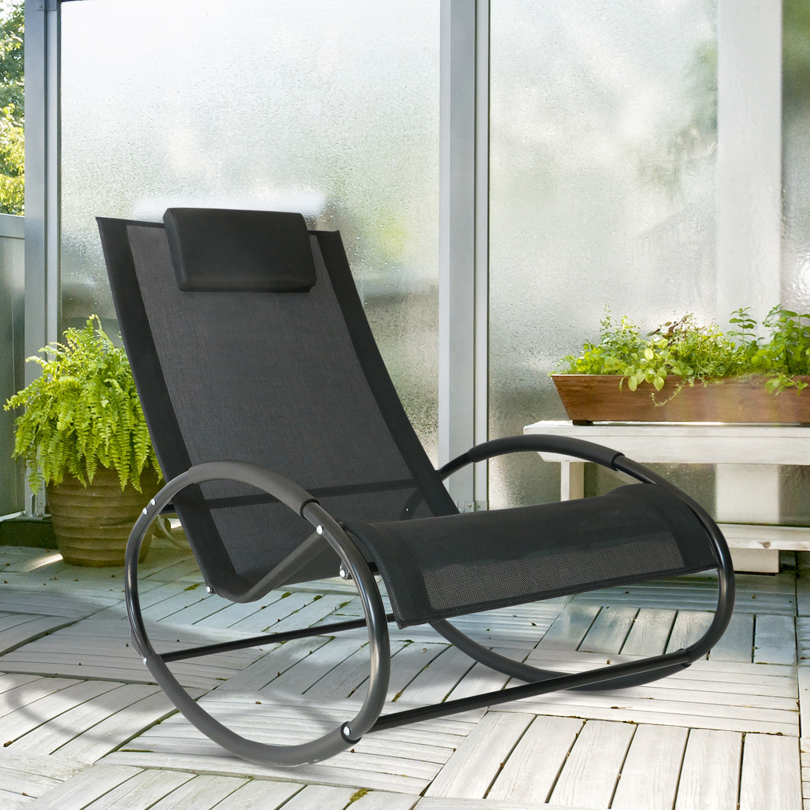 Outsunny Rocking Chair Sun Lounger Recliner Rocker Texteline Fabric Patio Garden Relaxer with Pillow, Black 2