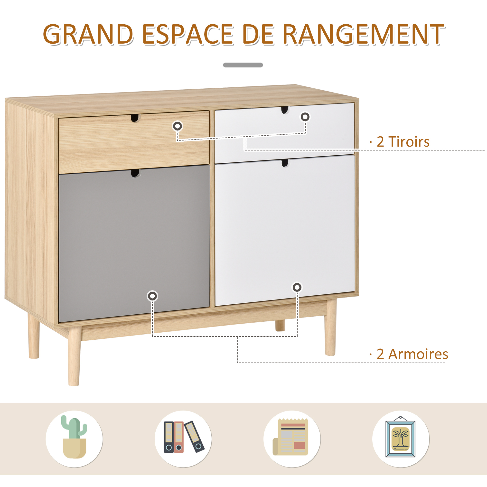Meuble Buffet HOMCOM Style Scandinave 2 Portes - Armoire Rangement Chêne 78x40x78cm Avec Étagère Réglable