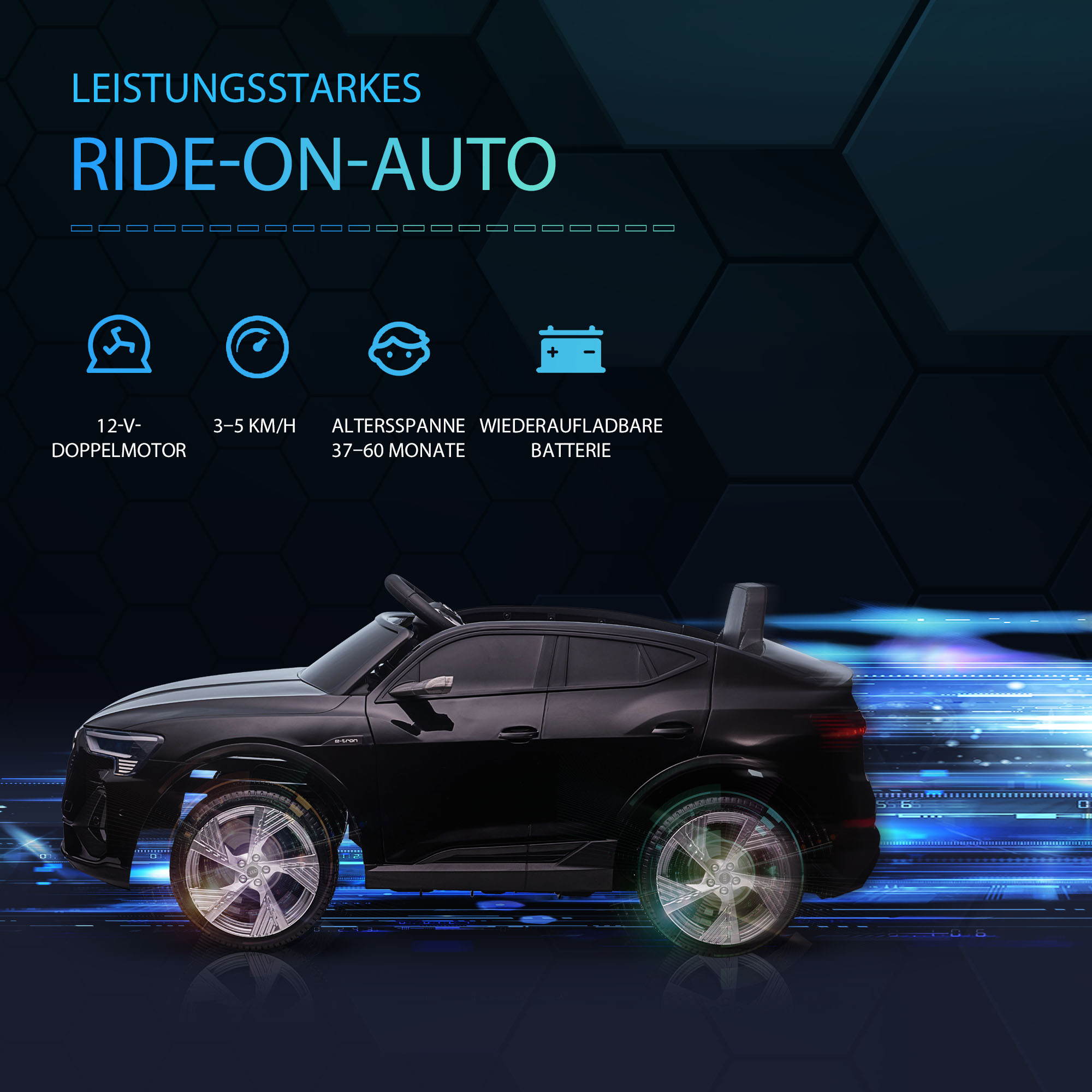 Elektriline lasteauto 12V elektrisõiduk Audi E-tron elektriauto puldiga, turvavöö, muusikaga (MP3/USB/TF), lastesõiduk lastele vanuses 3-5 aastat, 3-5 km/h, must